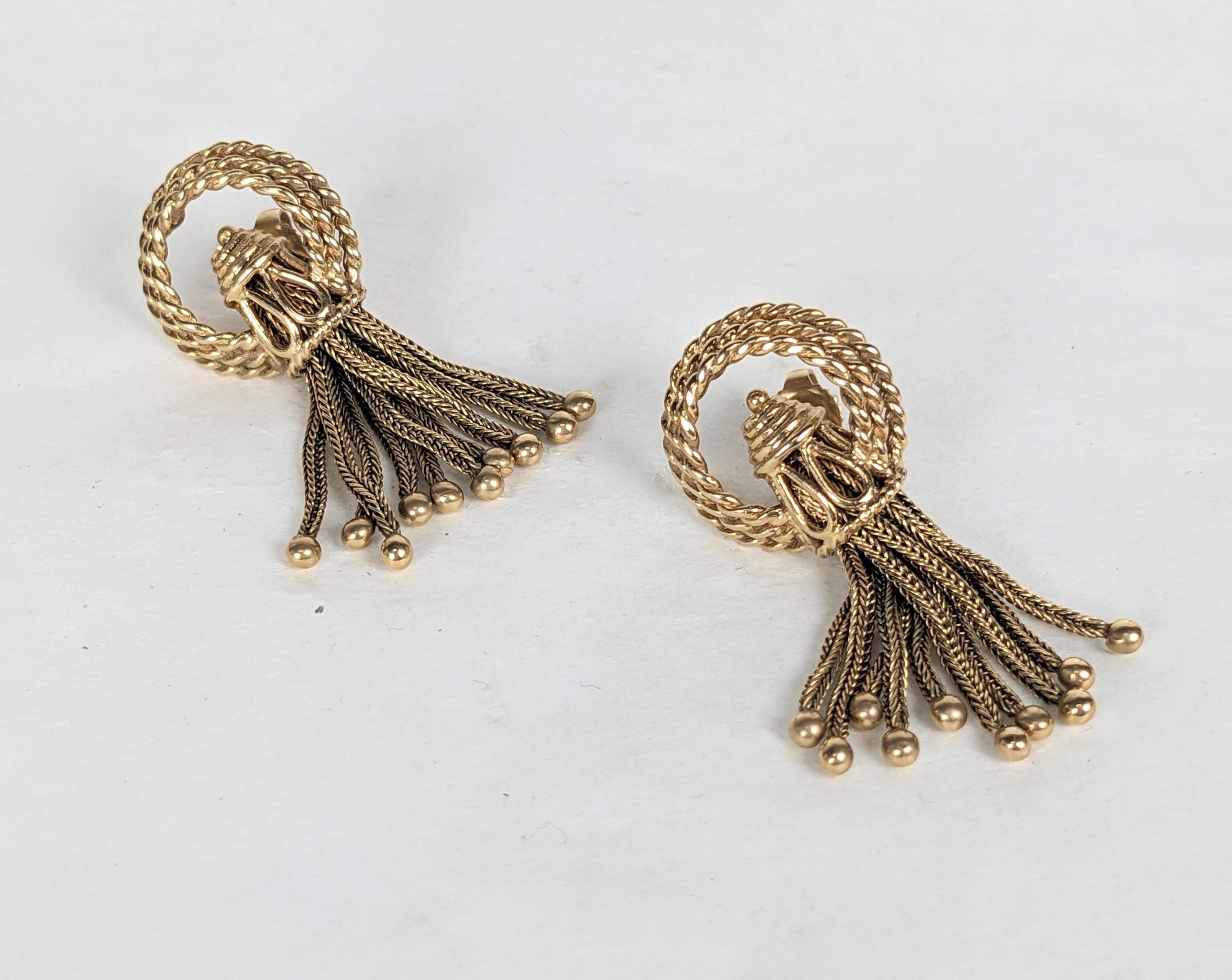 Mid Century 14K Rope Tassel Earrings from the 1950's. Golden rope motif on ear with a fox chain tassel below. Nice craftsmanship with attractive details. Pierced fittings. 5/8