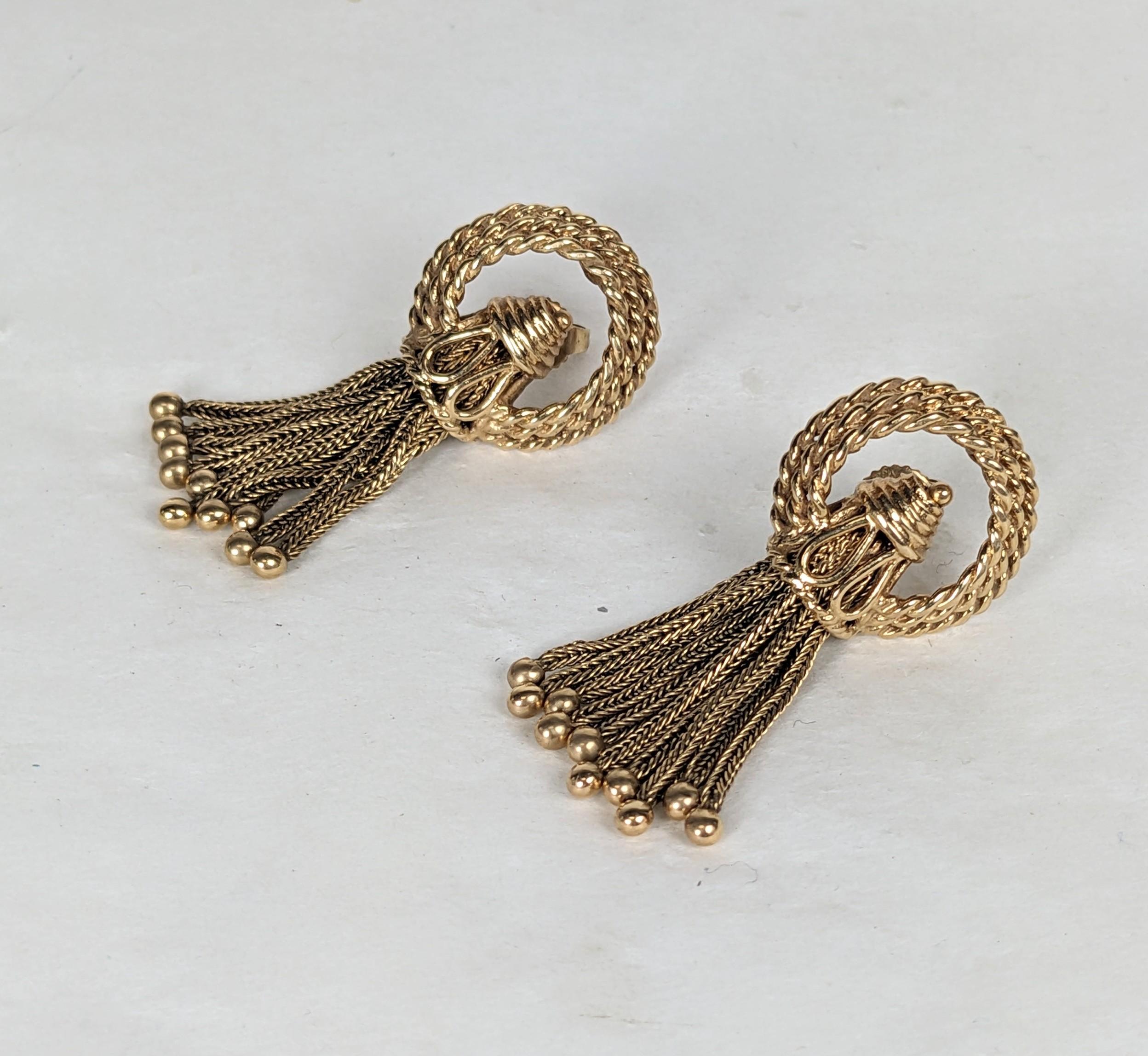 Artisan Mid Century 14K Rope Tassel Earrings For Sale