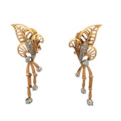 Mid-Century 14K Two-Tone Gold Diamond Leaf Drop Earrings, 0.80 Carat