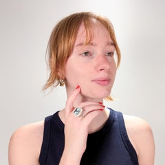 Mid-Century 14K White Gold, Aquamarine, & Marquise Diamond Halo Cocktail Ring