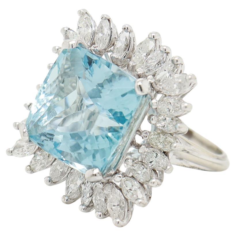 Anello aureola in oro bianco 14K, acquamarina e diamanti marquise di metà secolo