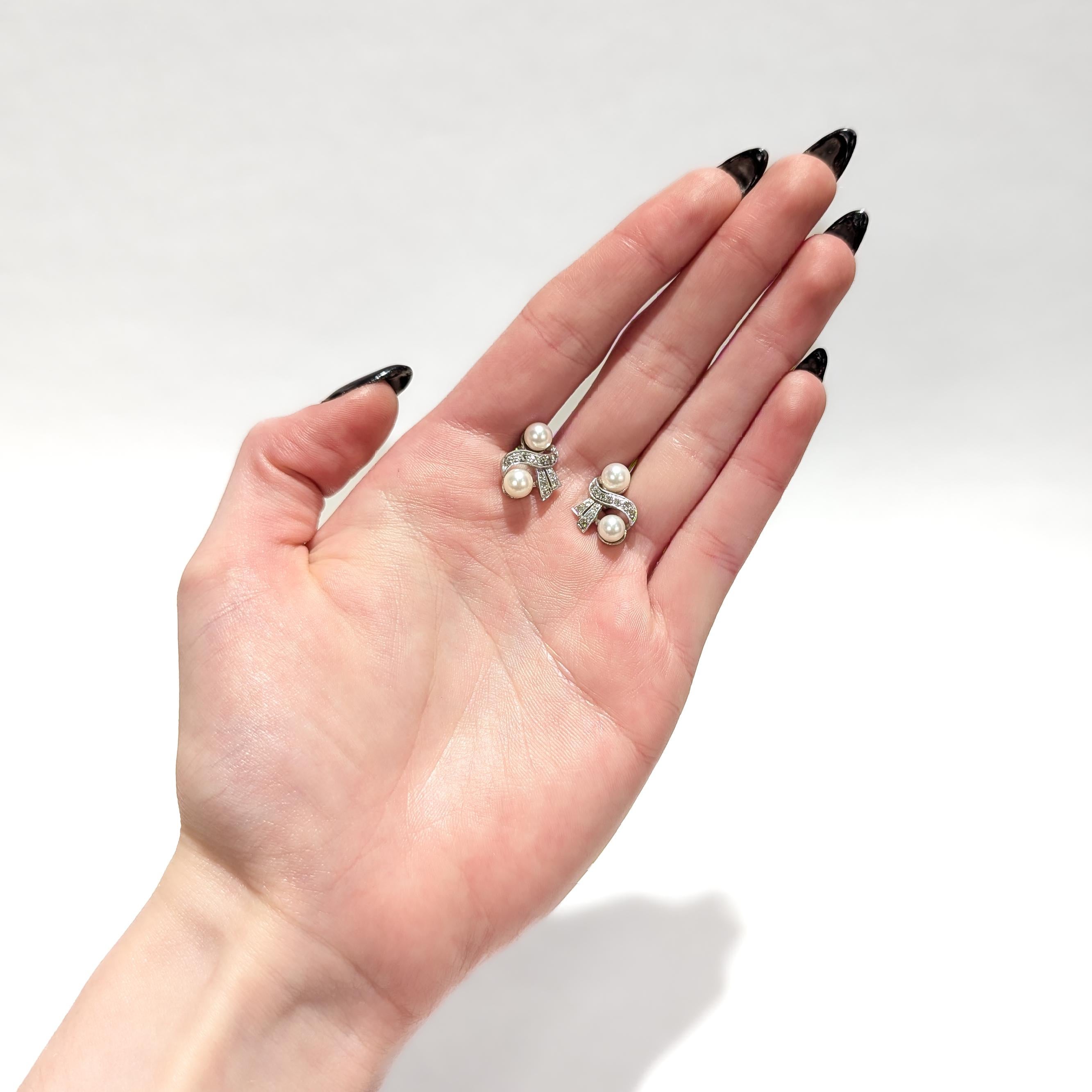 Round Cut Mid-Century 14K White Gold, Cultured Pearl, and Diamond Stud Earrings For Sale