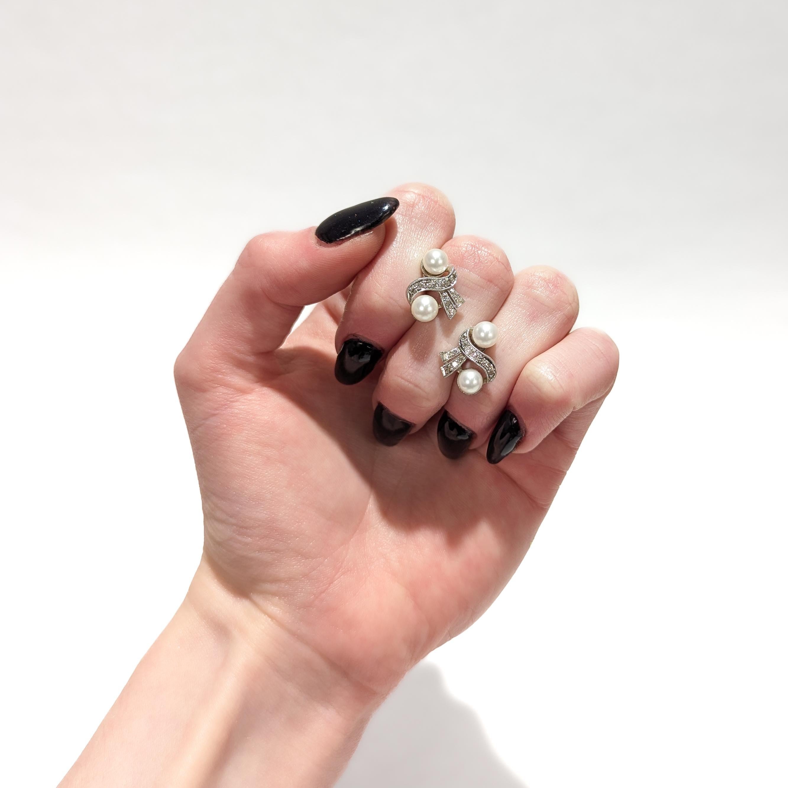 Mid-Century 14K White Gold, Cultured Pearl, and Diamond Stud Earrings In Good Condition For Sale In Philadelphia, PA