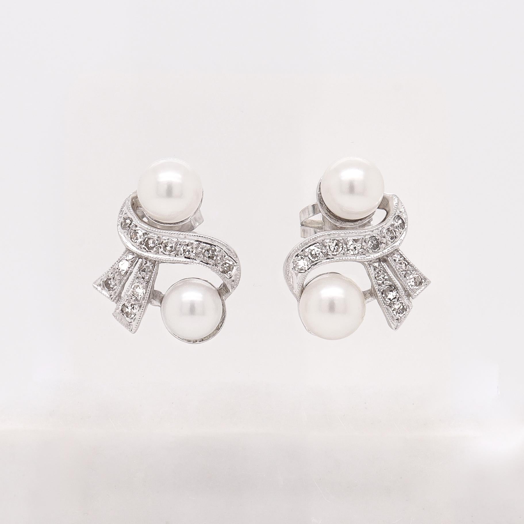 Women's Mid-Century 14K White Gold, Cultured Pearl, and Diamond Stud Earrings For Sale