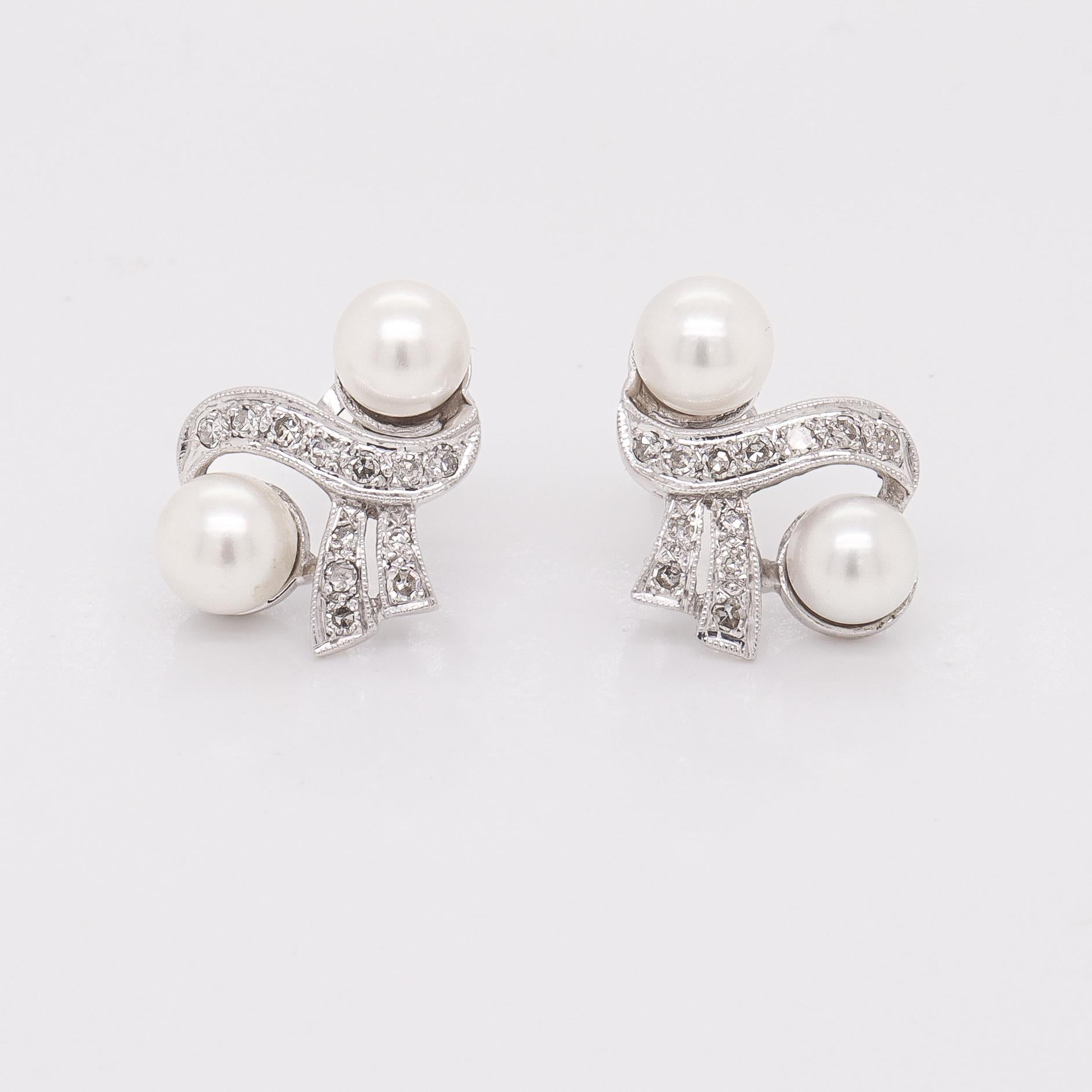 Mid-Century 14K White Gold, Cultured Pearl, and Diamond Stud Earrings For Sale 1