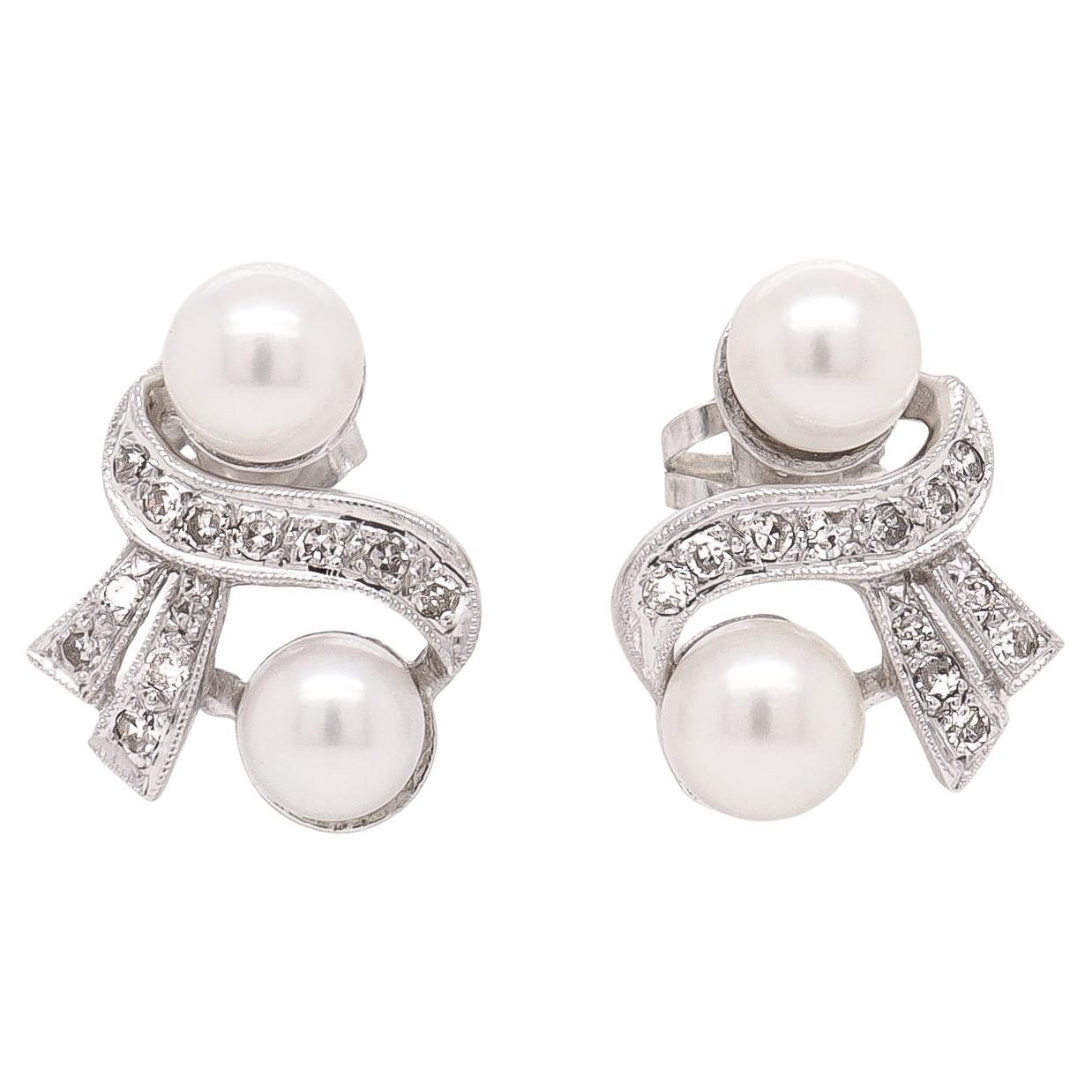 Mid-Century 14K White Gold, Cultured Pearl, and Diamond Stud Earrings For Sale