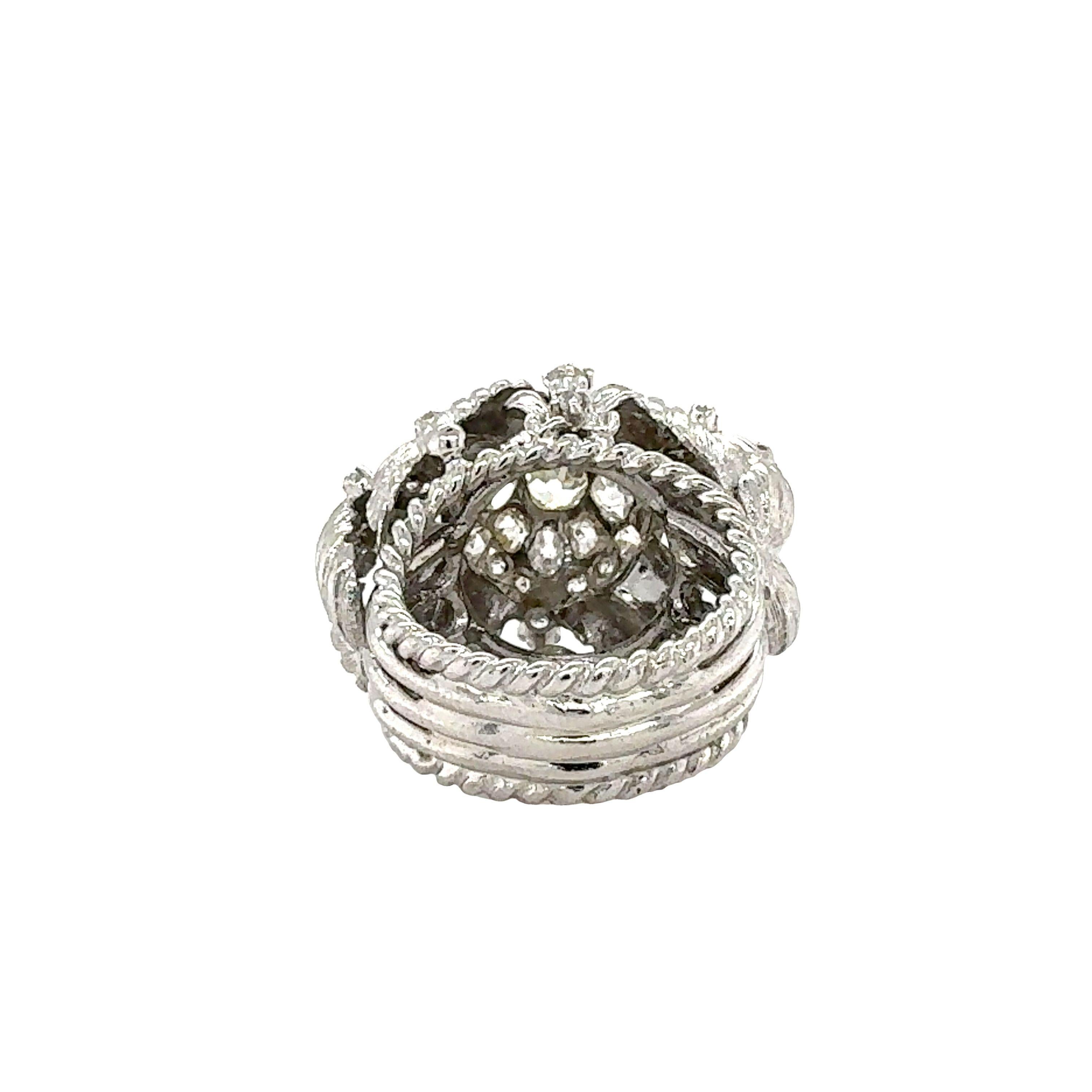 Old Mine Cut Mid-Century 14K White Gold Diamond Cluster Ring For Sale