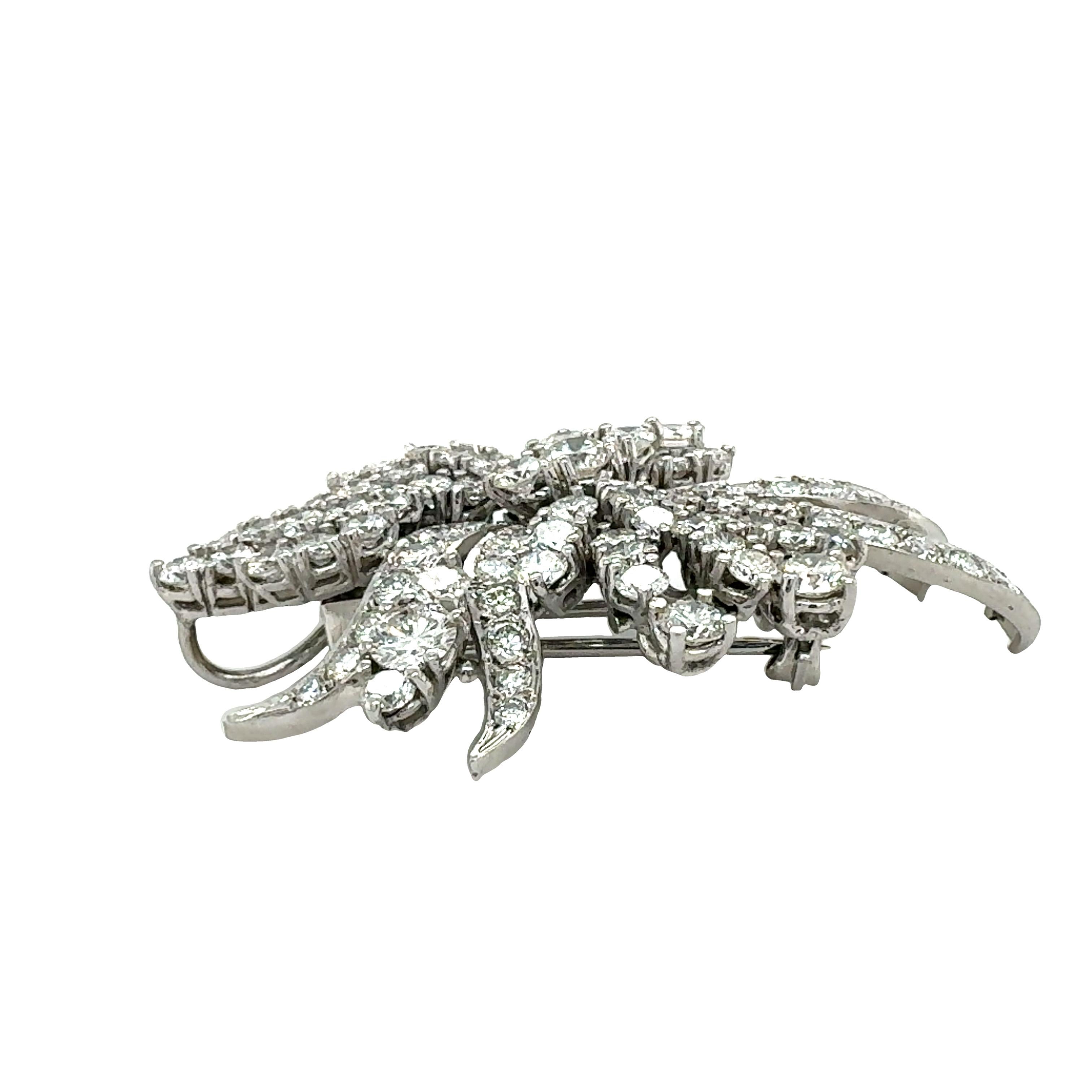 Round Cut Mid-Century 14K White Gold Diamond Floral Brooch For Sale