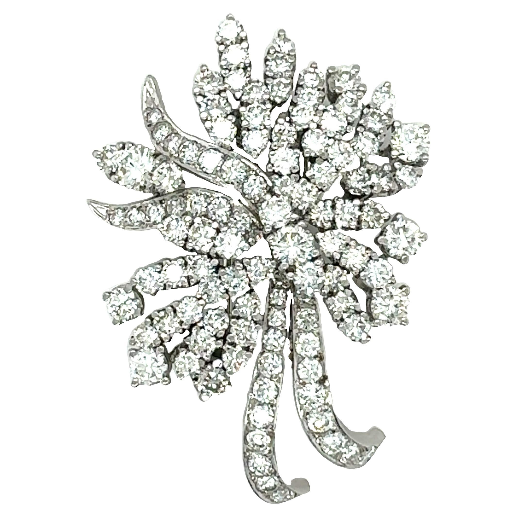 Mid-Century 14K White Gold Diamond Floral Brooch For Sale