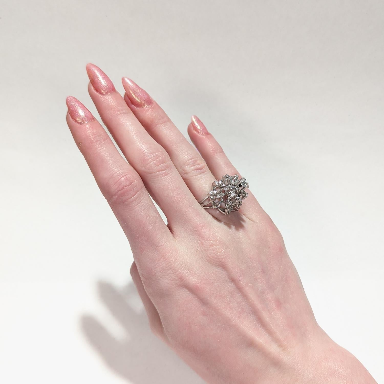 Modern Mid-Century 14K White Gold & Diamond Harem Style Cocktail Ring For Sale