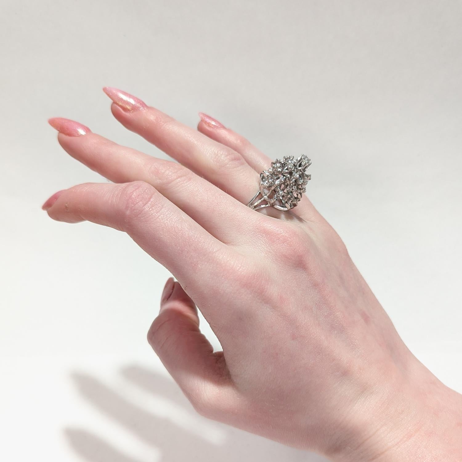 Round Cut Mid-Century 14K White Gold & Diamond Harem Style Cocktail Ring For Sale