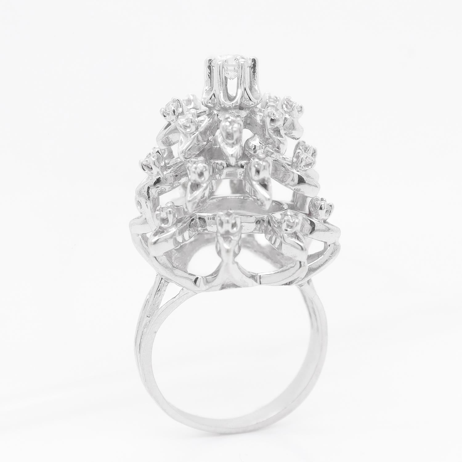 Mid-Century 14K White Gold & Diamond Harem Style Cocktail Ring In Good Condition For Sale In Philadelphia, PA