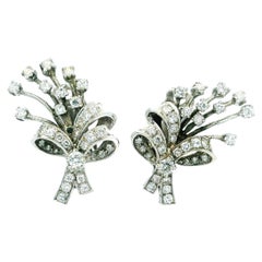 Mid-Century 14K White Gold Diamond Spray & Ribbon Earrings, 3 Carats, circa 1950