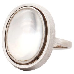 Mid-Century 14K White Gold & Moonstone Cabochon Signet Style Ring