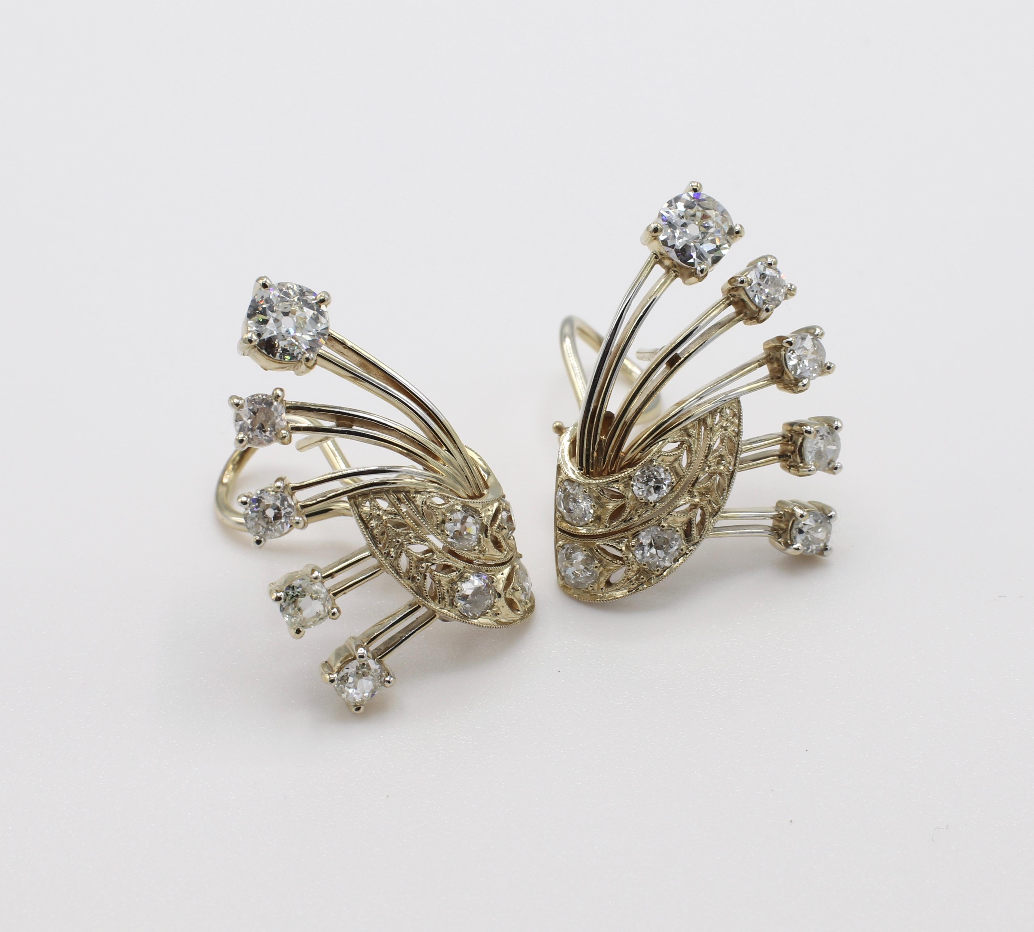 Mid-Century 14K Yellow Gold 3 CTW Old European Cut Diamond Earrings 

Metal: 14k yellow gold
Weight: 13.95 grams
Diamonds: 18 old European cut diamonds, approx. 3 CTW H-I SI
Length: 30mm
Width: 17mm
Backs: Lever backs with posts 
No hallmarks or