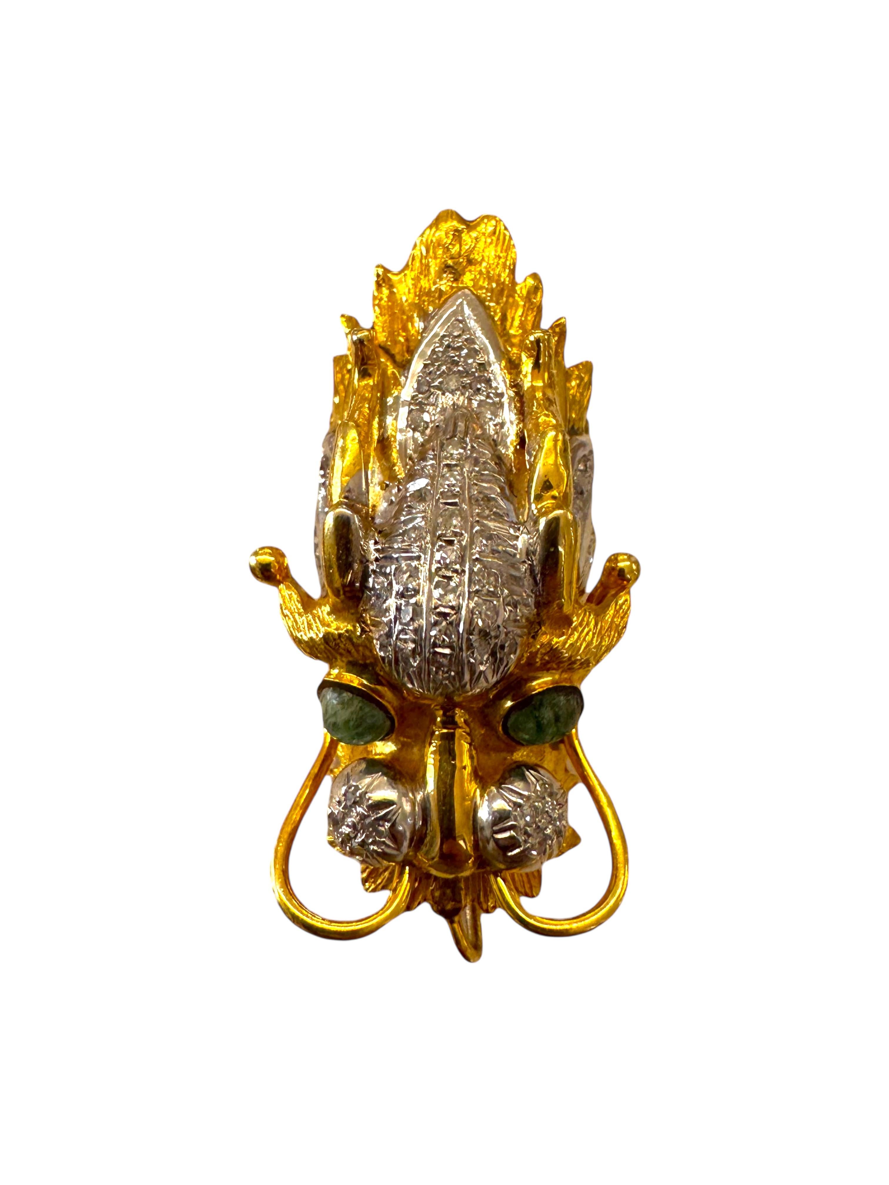 Cabochon Mid-Century 14K Yellow Gold, Diamond, and Emerald Sea Monster Brooch/Pendant For Sale