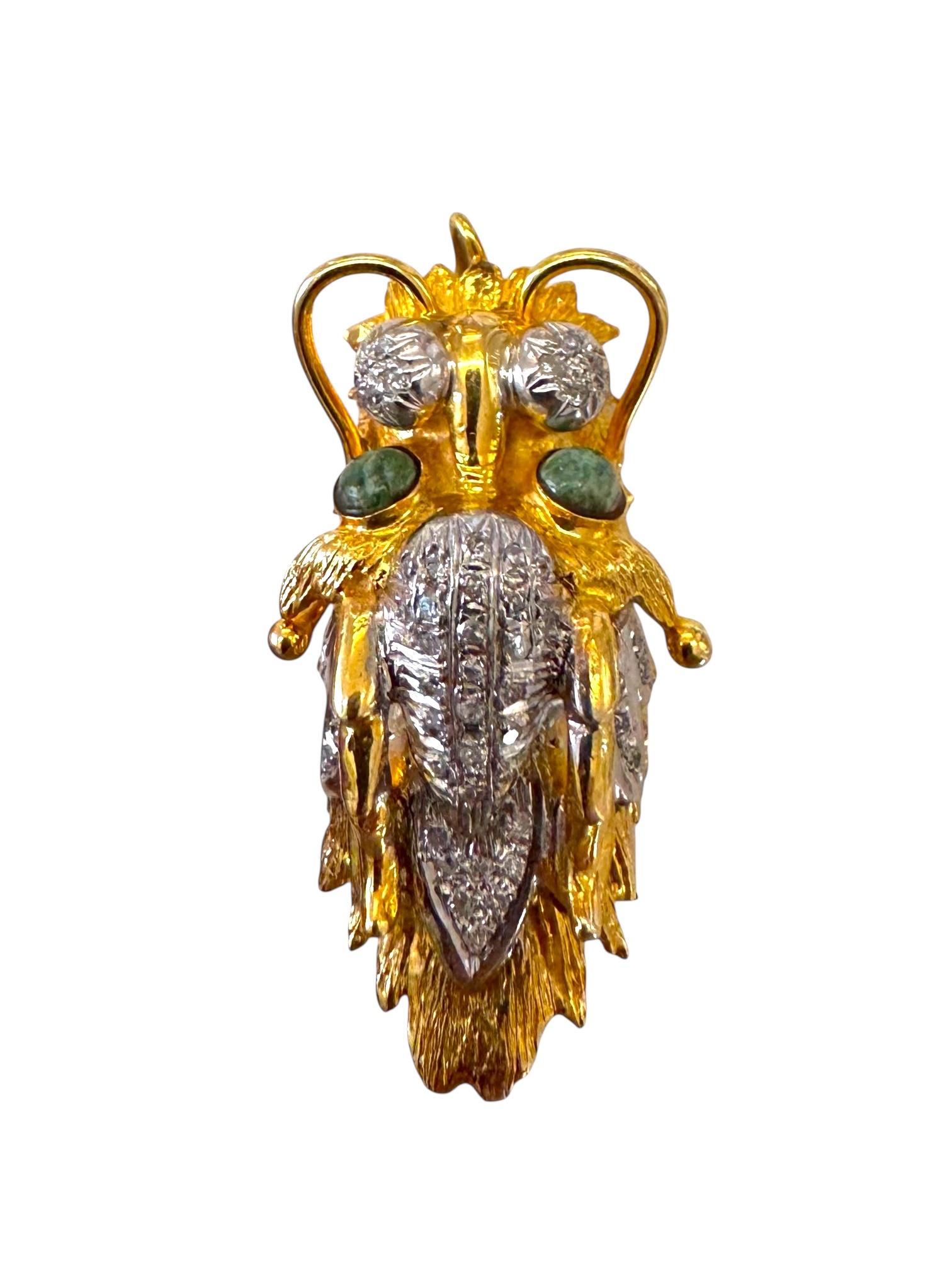 Women's or Men's Mid-Century 14K Yellow Gold, Diamond, and Emerald Sea Monster Brooch/Pendant For Sale
