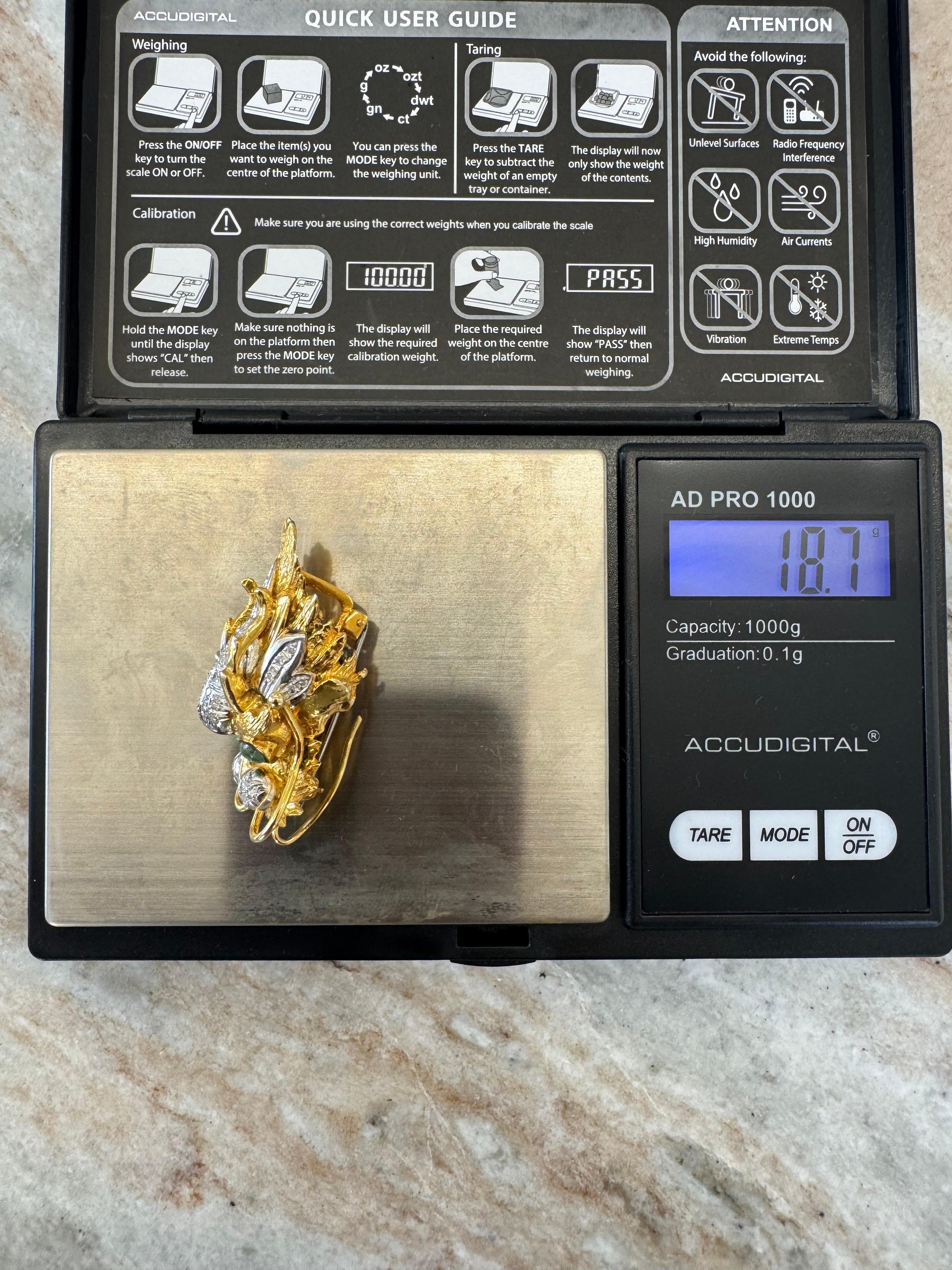 Mid-Century 14K Yellow Gold, Diamond, and Emerald Sea Monster Brooch/Pendant For Sale 1