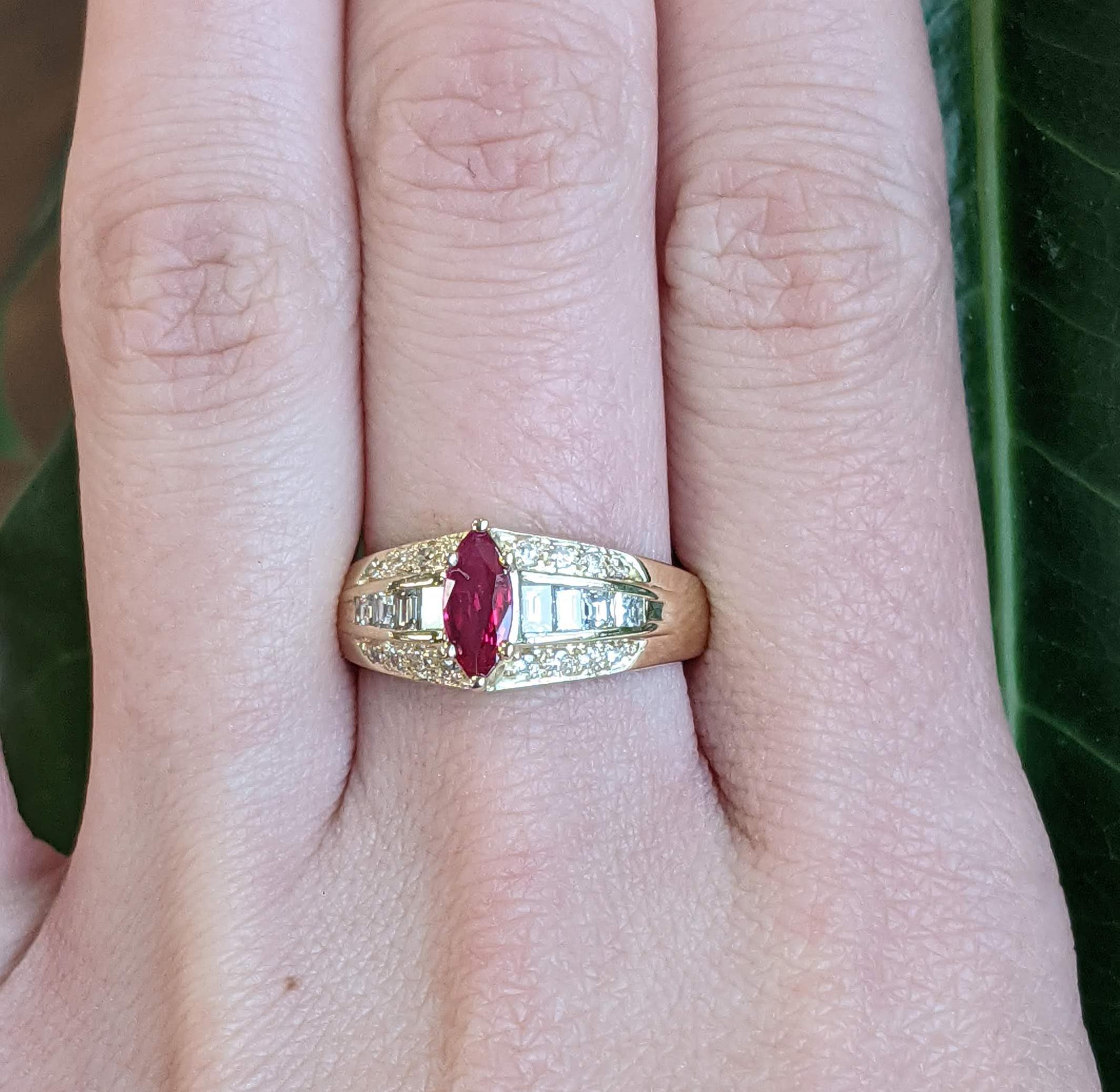 Baguette Cut Midcentury 14 Karat Yellow Gold Diamond and Ruby Cocktail Ring