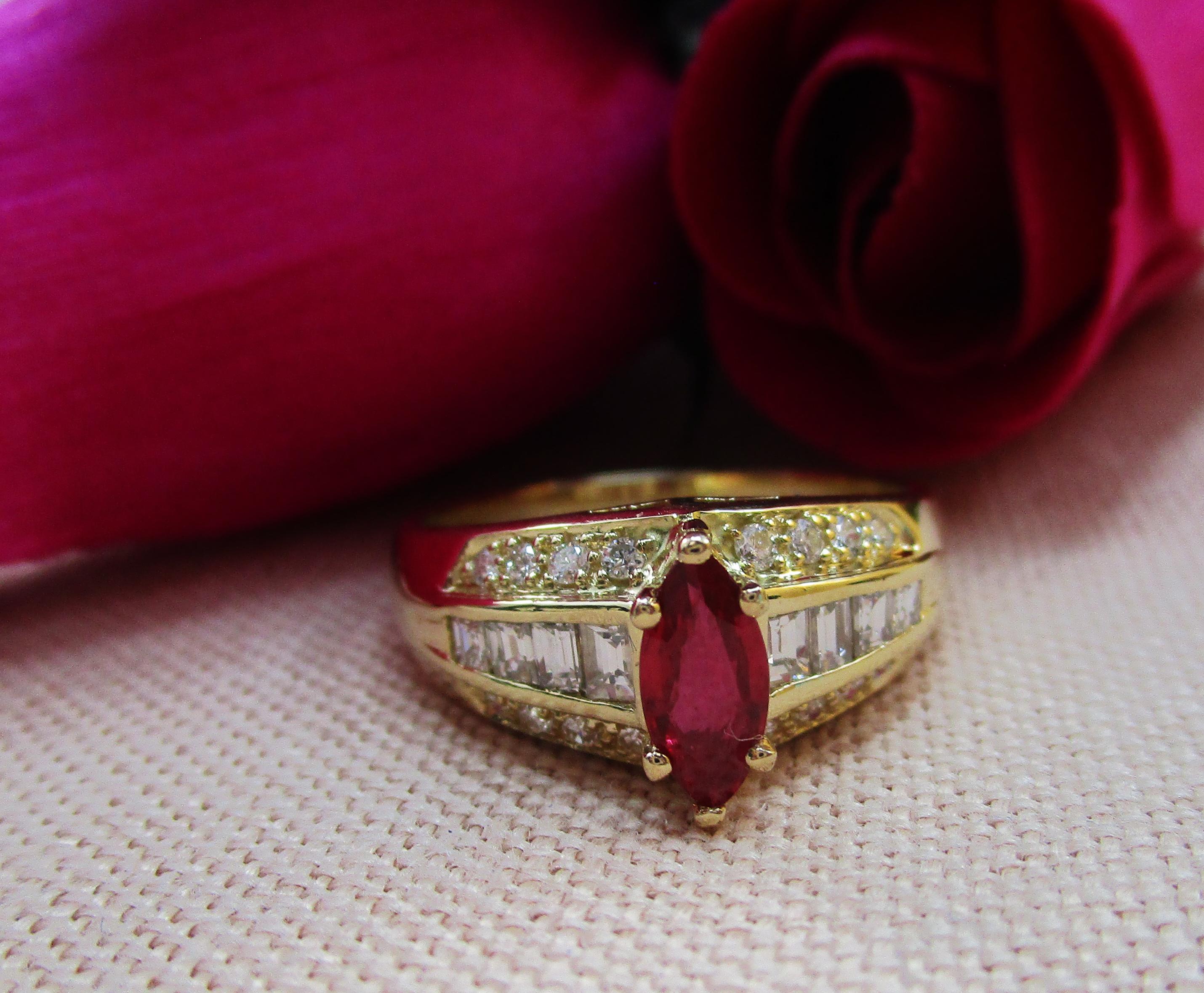 Midcentury 14 Karat Yellow Gold Diamond and Ruby Cocktail Ring In Excellent Condition In Lexington, KY