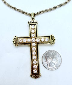 Pendente/spilla a forma di croce in stile Mid-Century, in oro giallo 14k, con diamanti e smalto nero