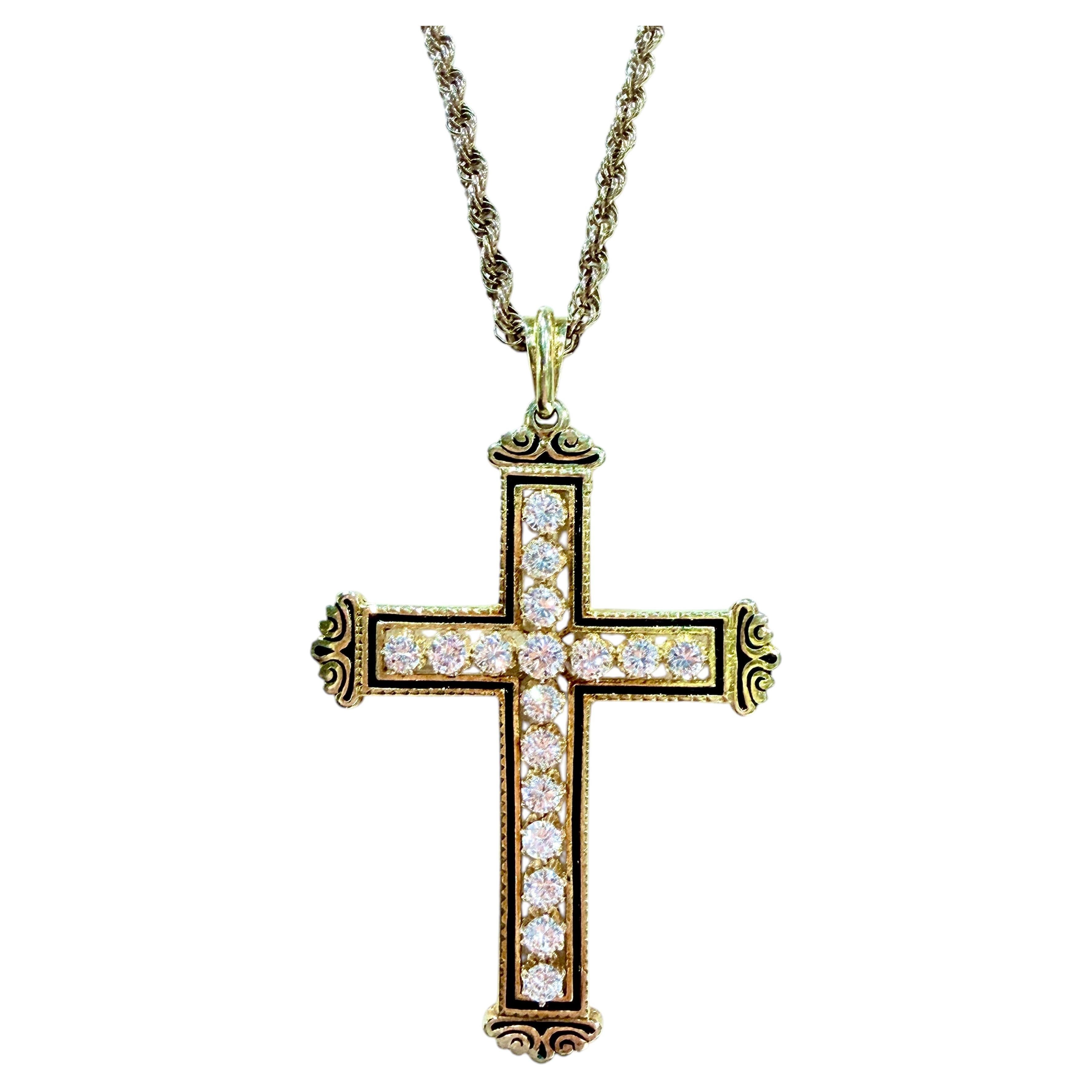 Mid Century, 14k Yellow Gold, Diamond & Black Enamel Cross Pendant / Brooch