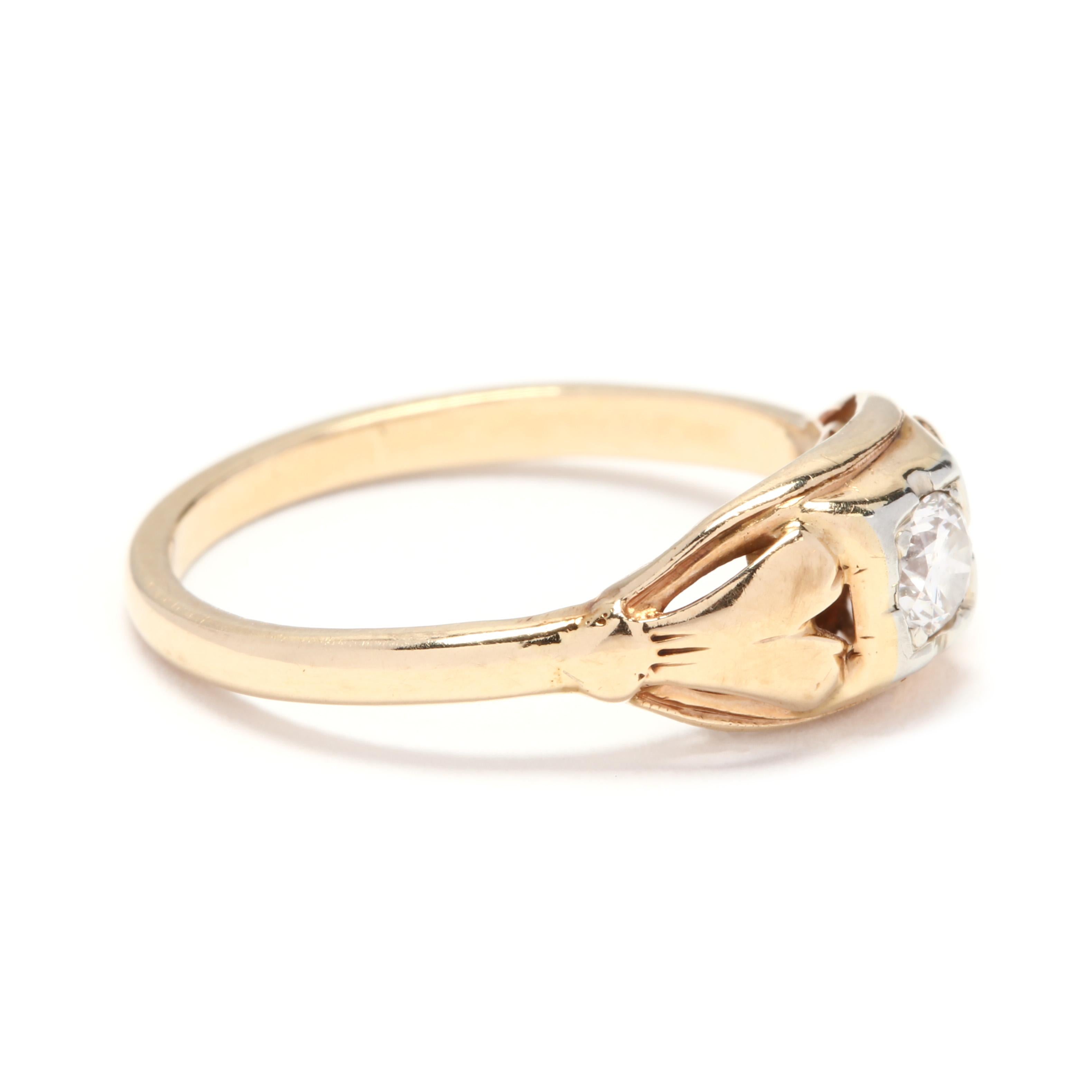 A mid-century 14 karat yellow gold and diamond engagement ring. This ring features a transitional cut diamond weighing approximately .21 carat set in a lozenge shape mounting with  cut out detailing and a polished shank.

Stones:
- diamond, 1