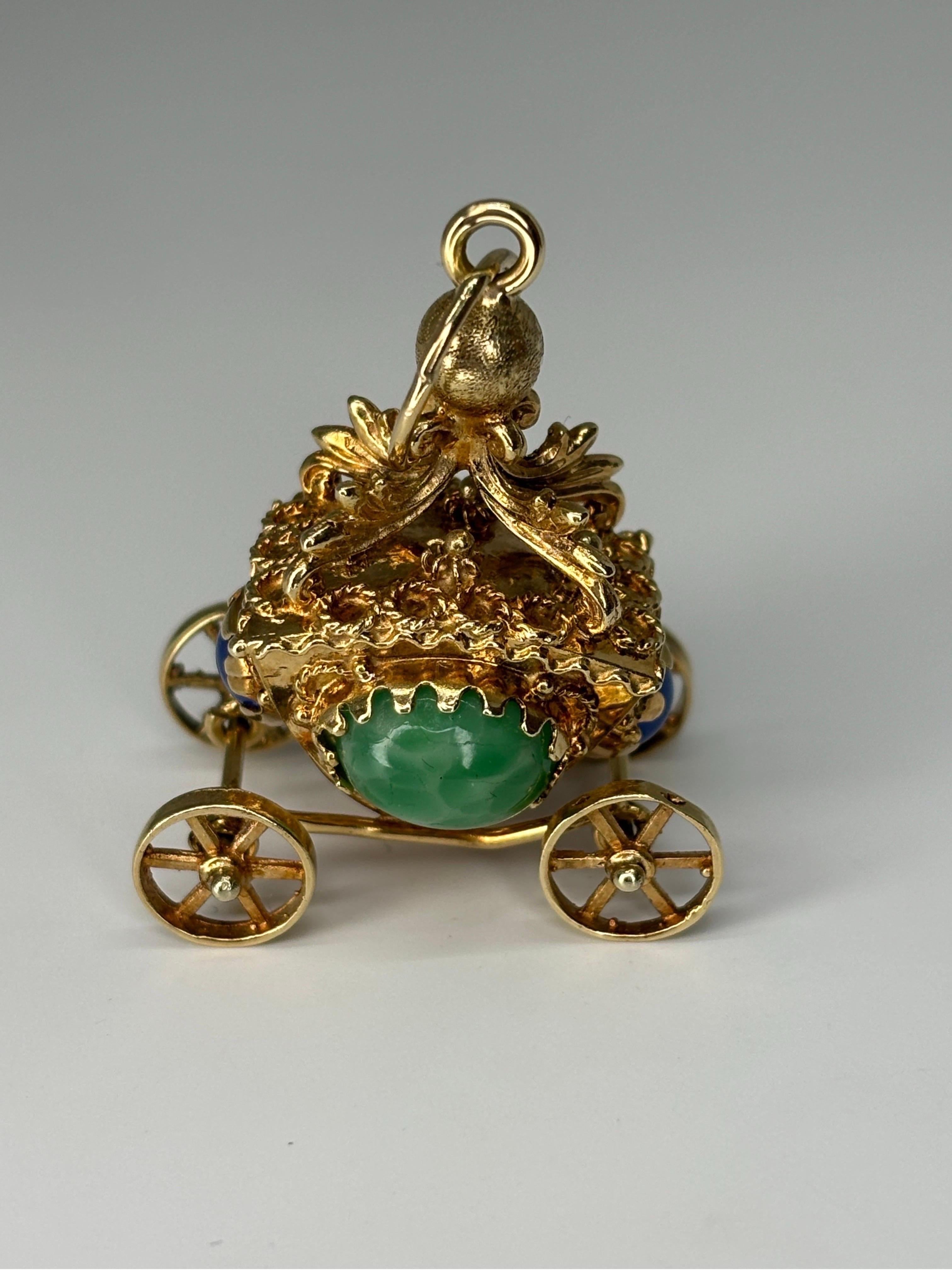 Mid Century 14k Yellow Gold & Gem Etruscan Revival Carriage Coach Charm Pendant  For Sale 1