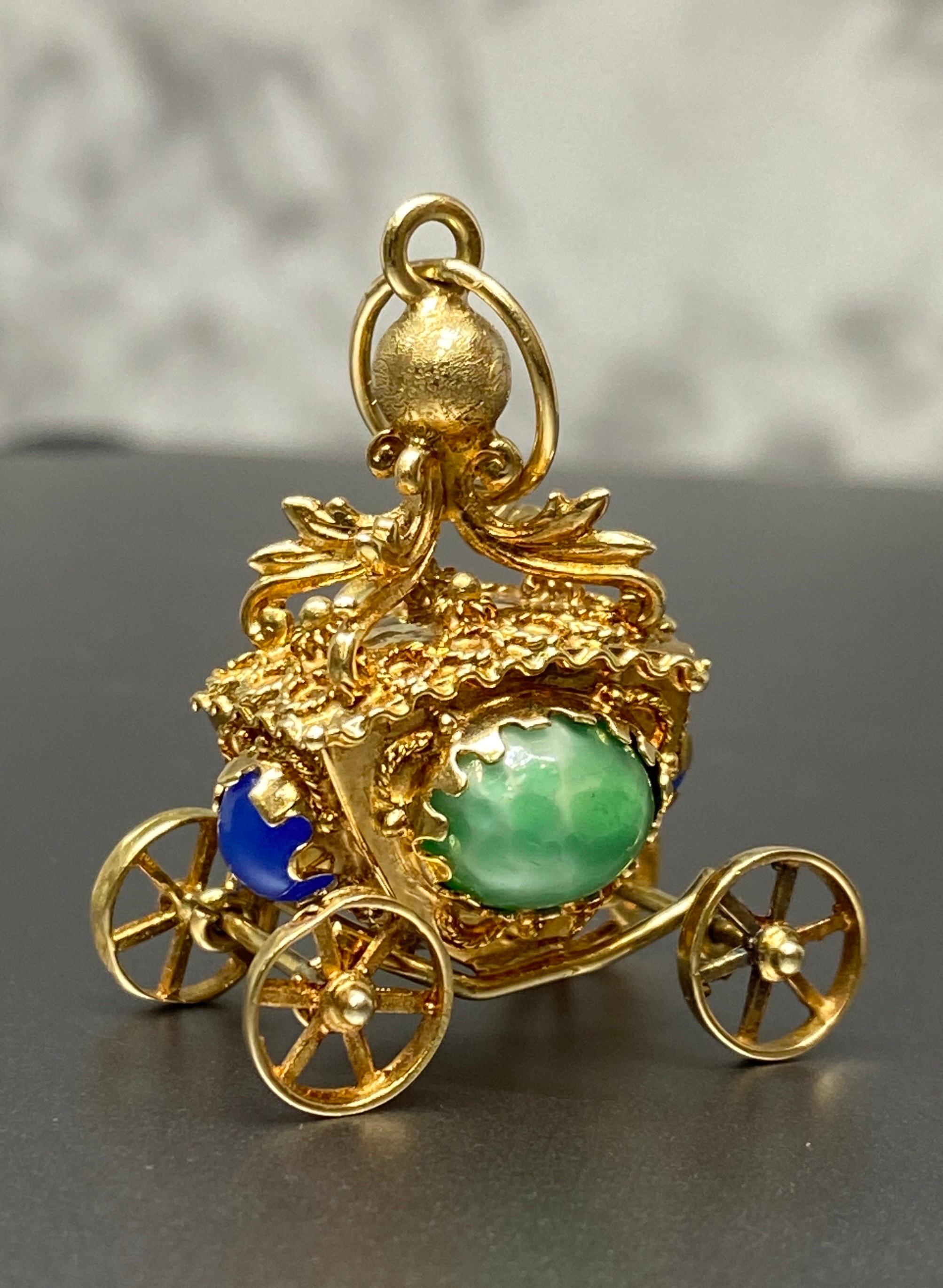 Mid Century 14k Yellow Gold & Gem Etruscan Revival Carriage Coach Charm Pendant  For Sale 4