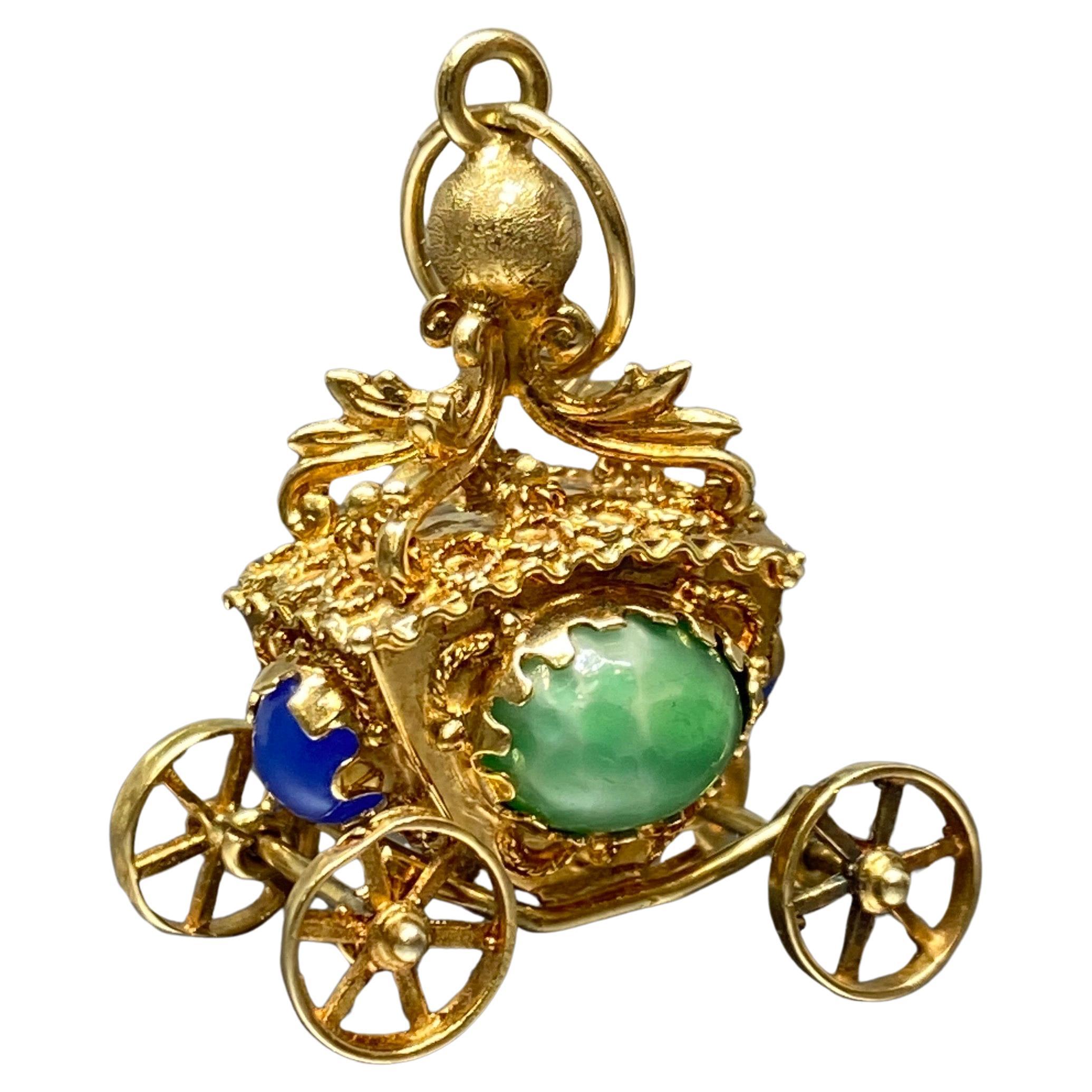 Mid Century 14k Yellow Gold & Gem Etruscan Revival Carriage Coach Charm Pendant 