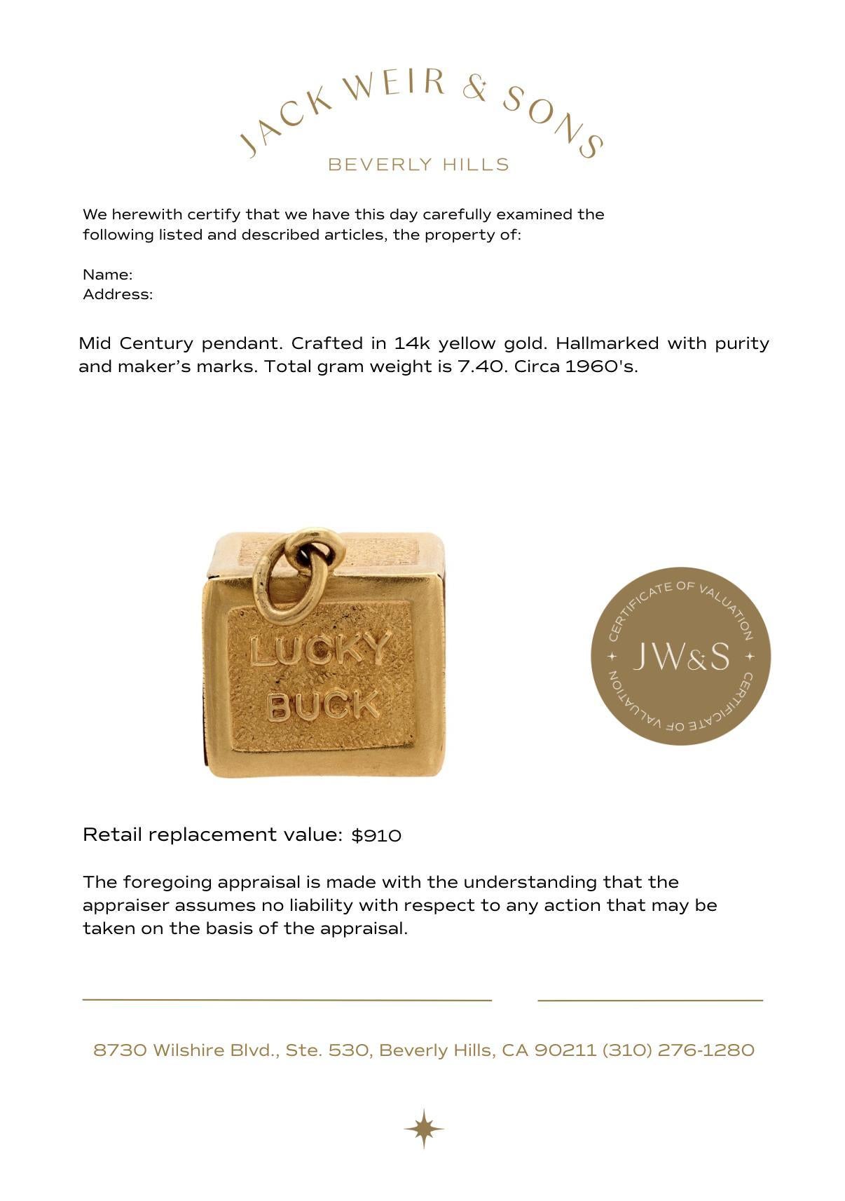 Mid Century 14k Gelbgold Lucky Buck Charm-Anhänger im Angebot 1
