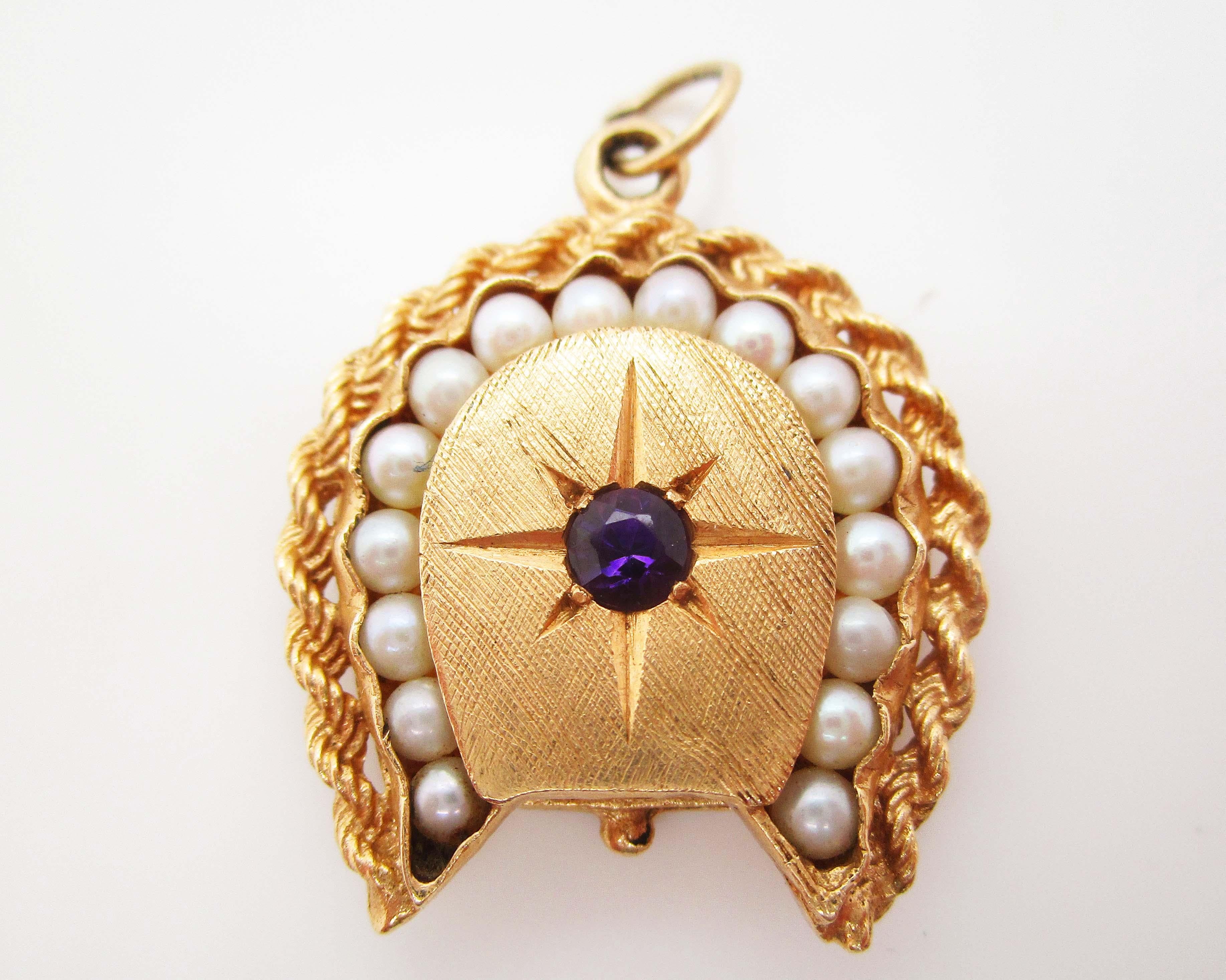 Modernist Midcentury 14K Yellow Gold Lucky Horseshoe Seed Pearl and Amethyst Pendant Lock