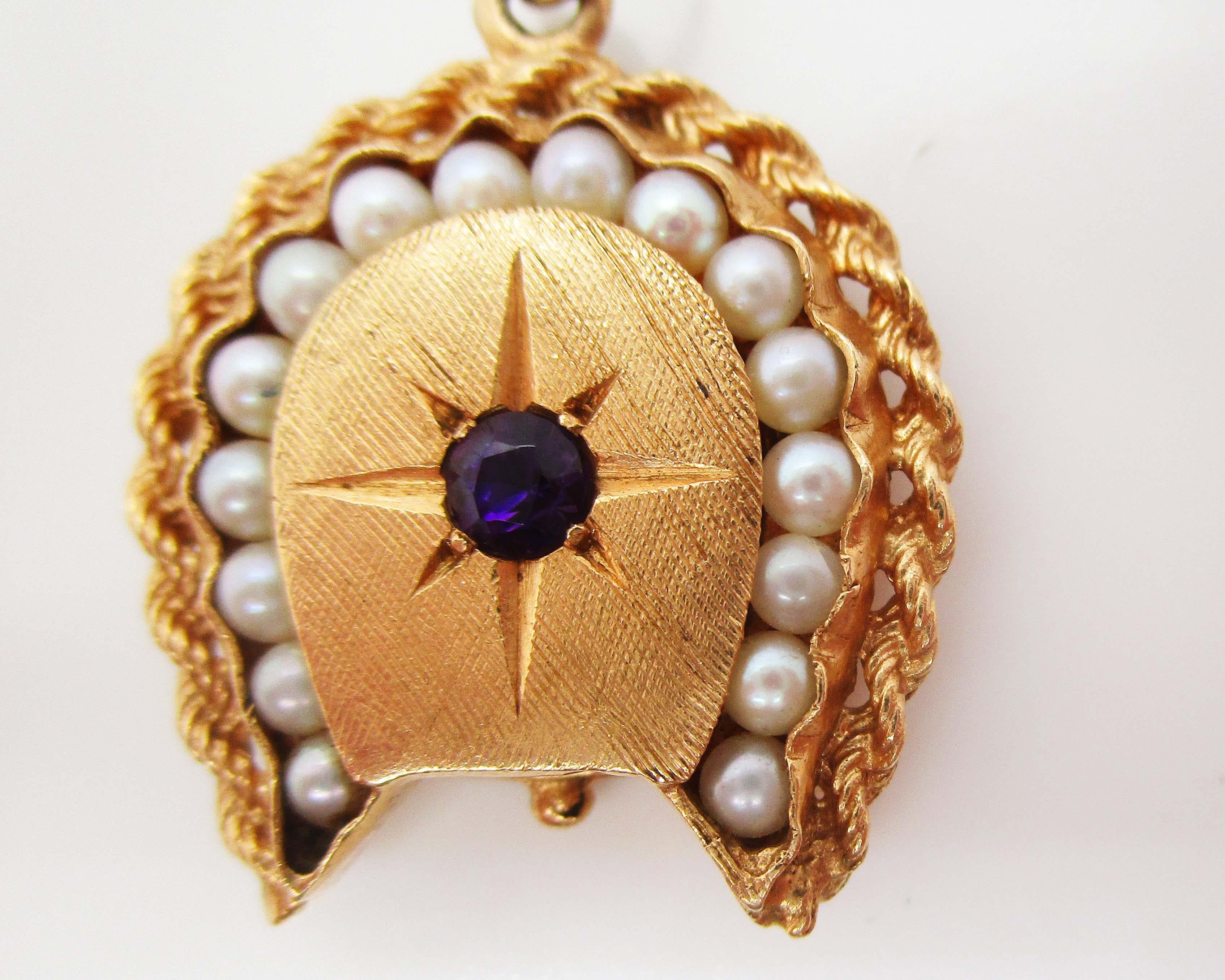 Round Cut Midcentury 14K Yellow Gold Lucky Horseshoe Seed Pearl and Amethyst Pendant Lock