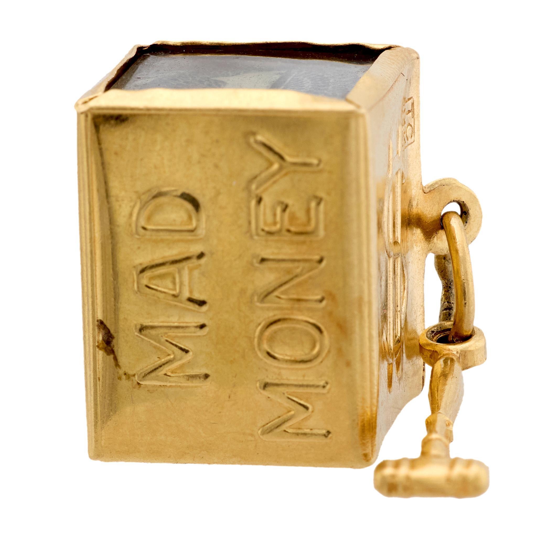 Women's Mid Century 14k yellow gold Mad Money charm pendant For Sale