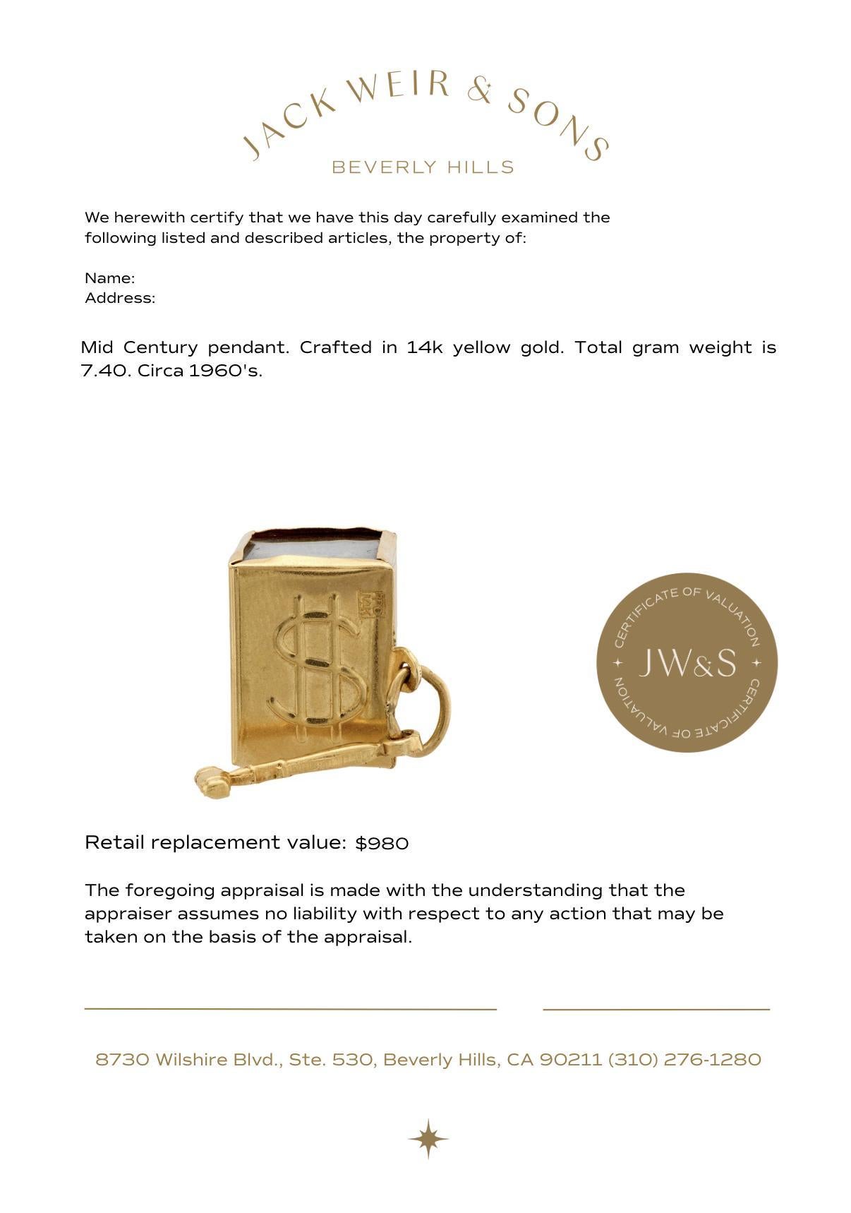 Mid Century 14k yellow gold Mad Money charm pendant For Sale 1