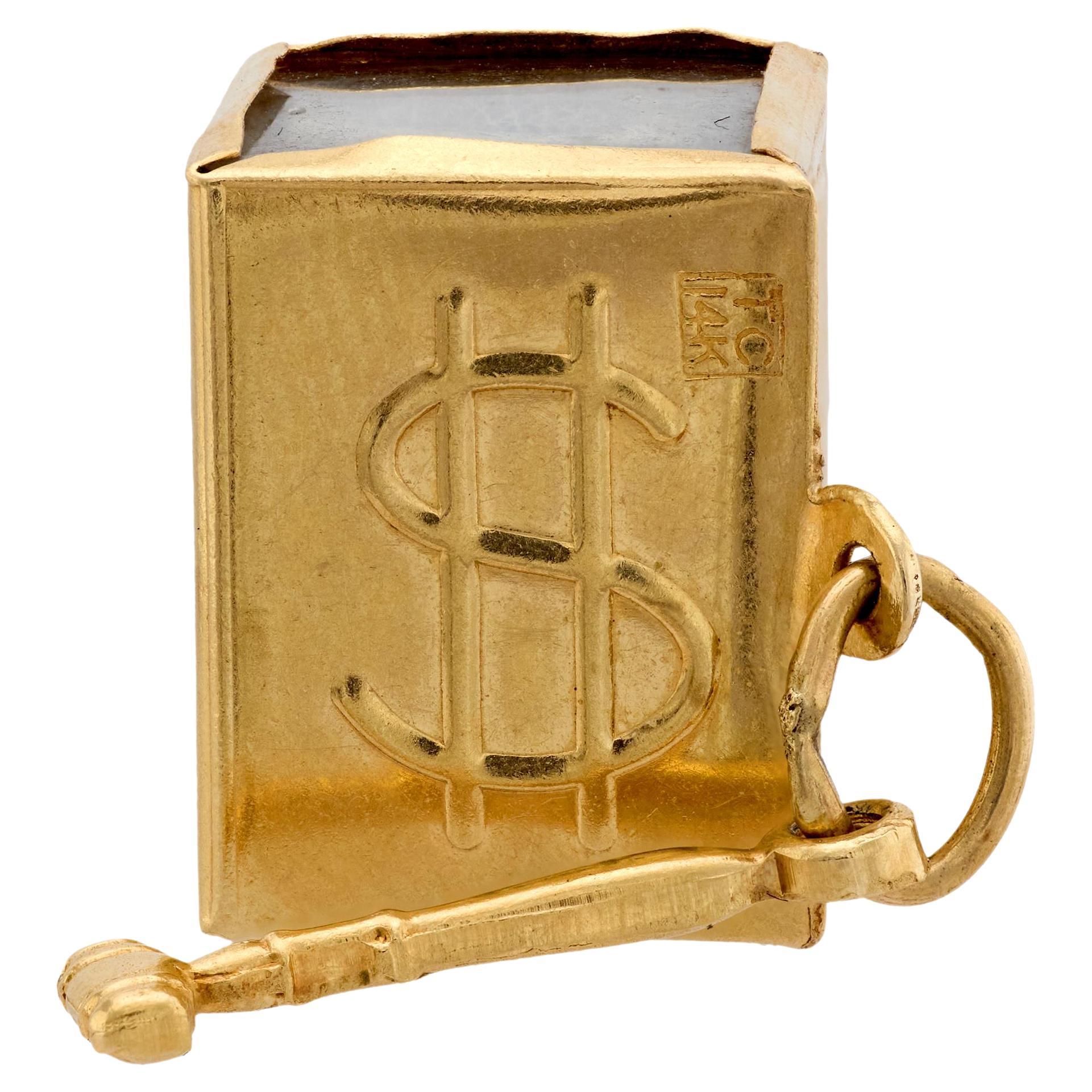 Mid Century 14k yellow gold Mad Money charm pendant For Sale