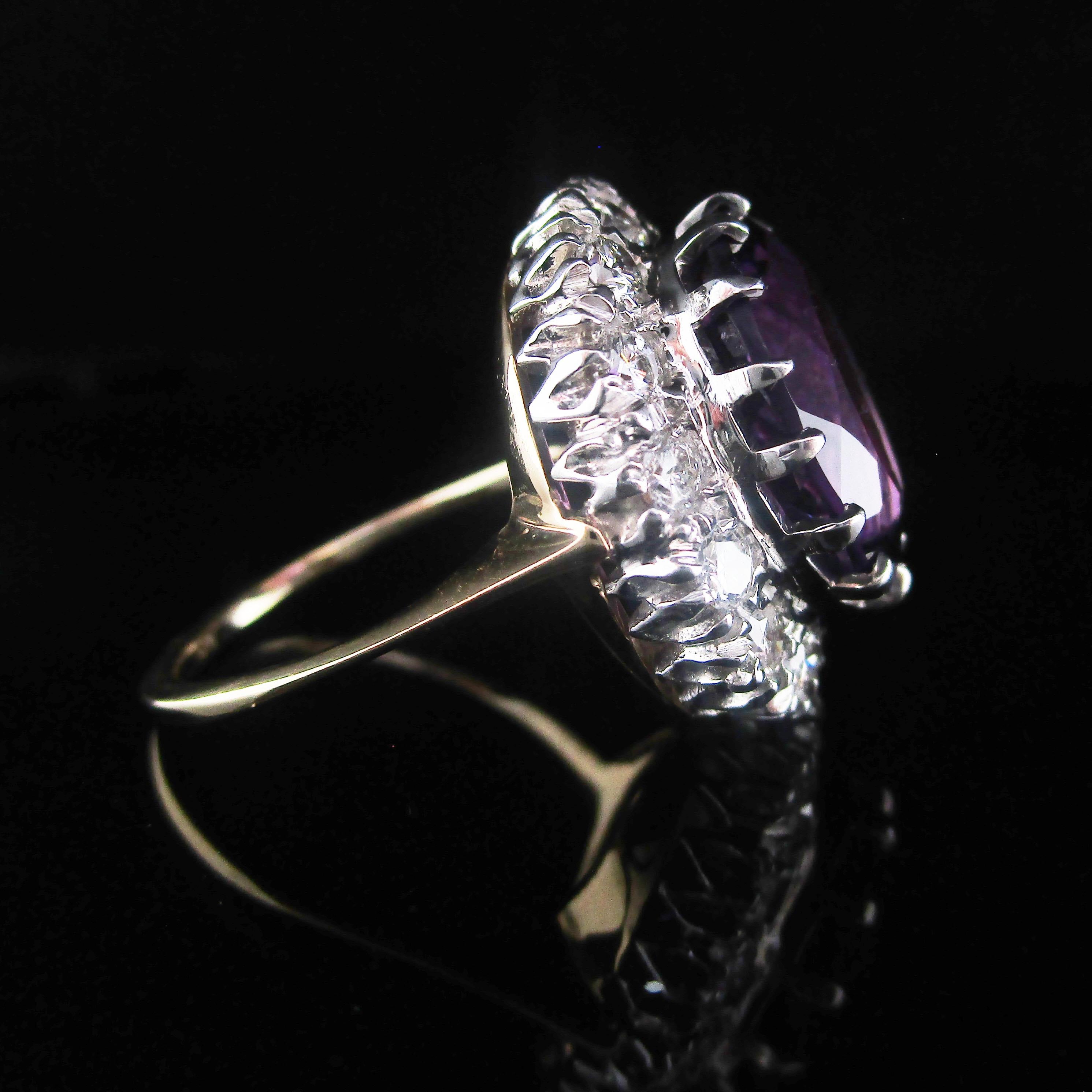Women's or Men's Midcentury 14 Karat Yellow Gold Platinum Amethyst Diamond Ring