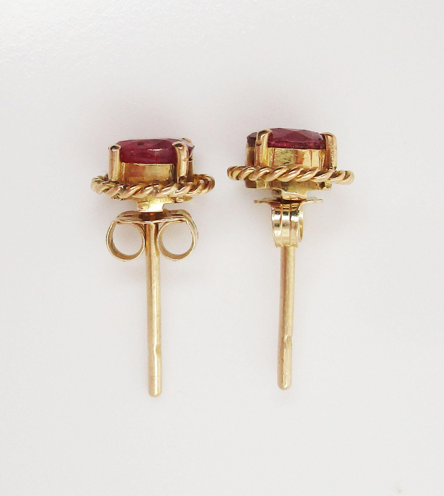 Oval Cut Midcentury 14 Karat Yellow Gold Ruby Stud Earrings
