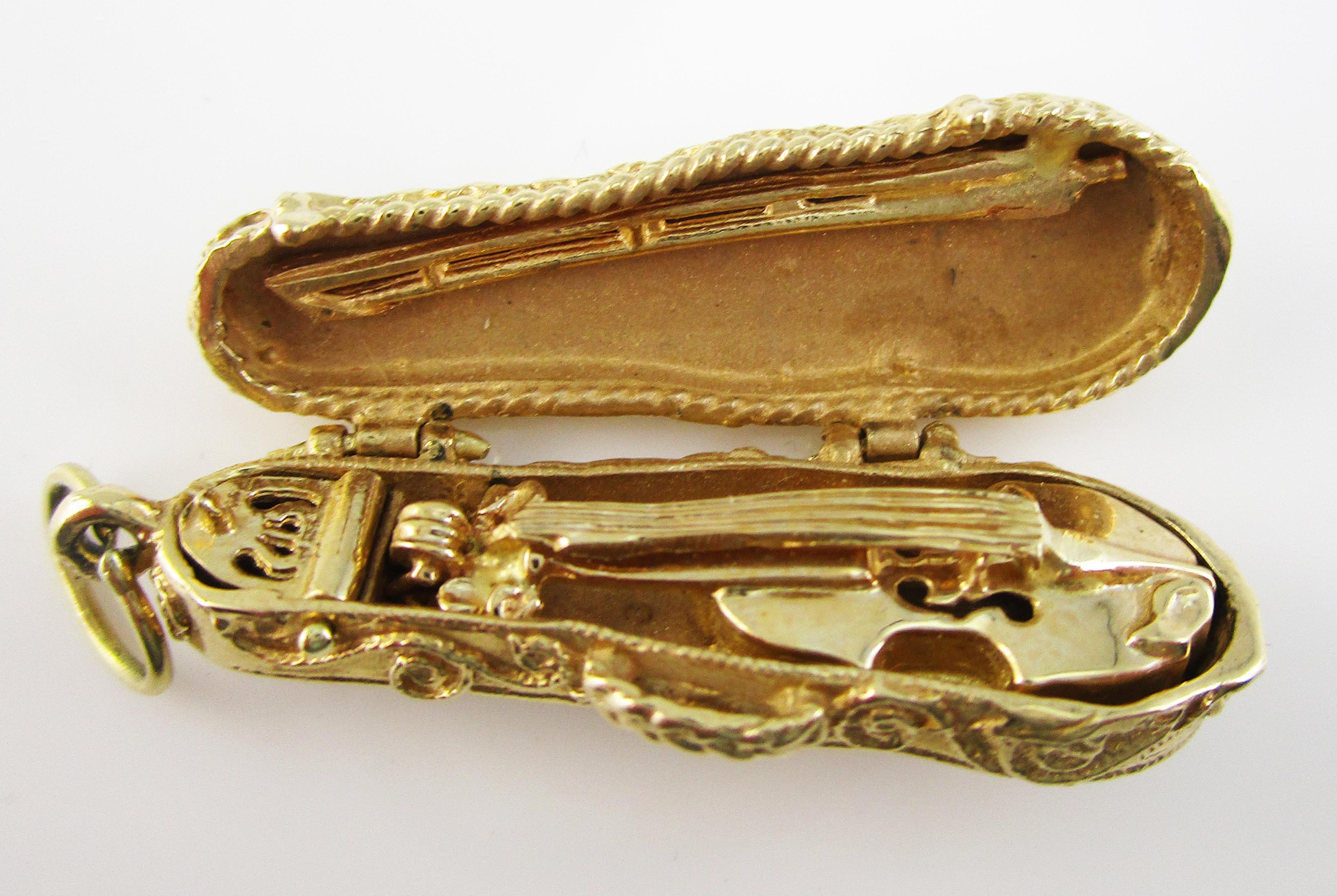 Women's or Men's Midcentury 14 Karat Gold Violin Case Locket with Movable Violin Charm Pendant