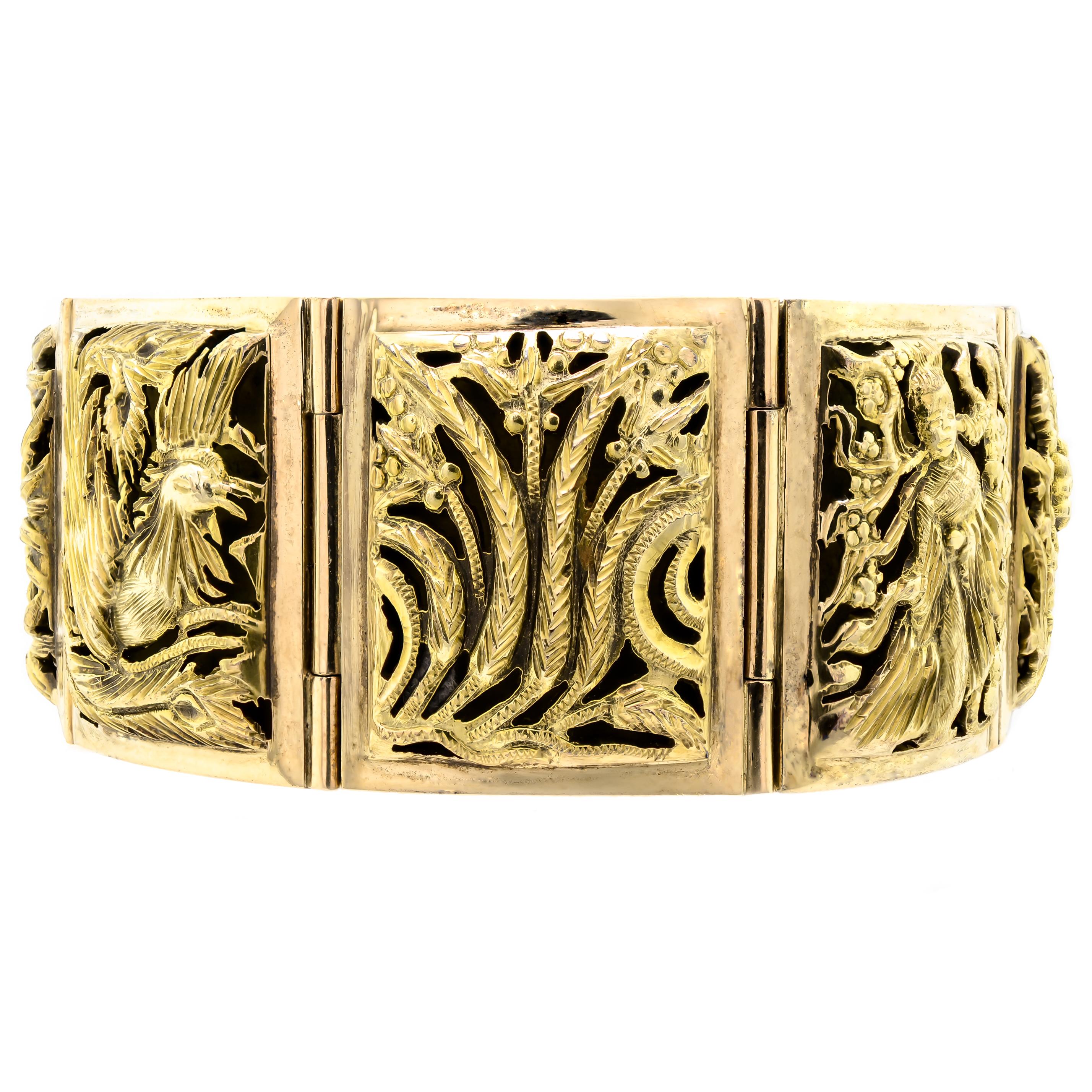 Beautiful mid-century 14kt yellow gold chinoiserie flexible bracelet consisting of eight (8) square yellow gold plaques with intricate panels with marvelous repoussé designs on each one invoking Chinese themes. Each square panel has a different