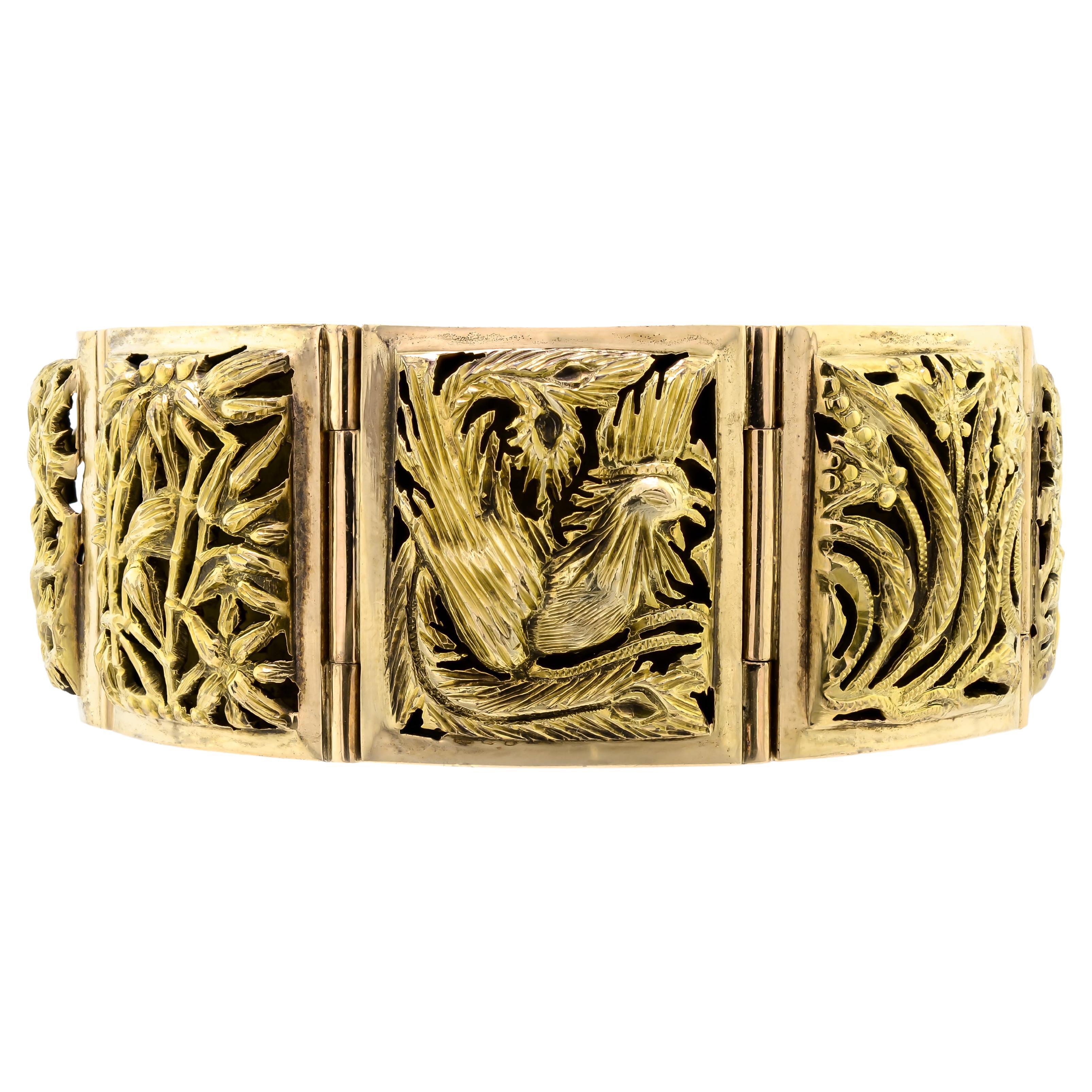 Chinoiserie-Armband aus 14kt Gelbgold aus der Mitte des Jahrhunderts