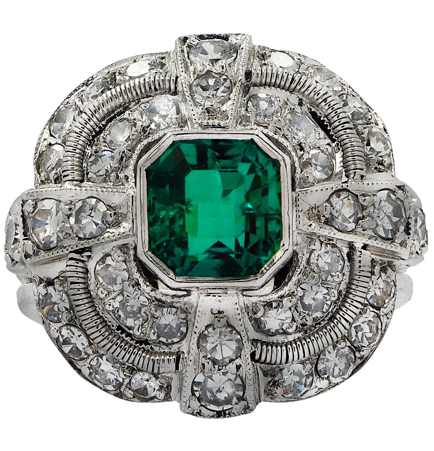 Modern Mid Century 1.5 Carat Emerald and Diamond Ring