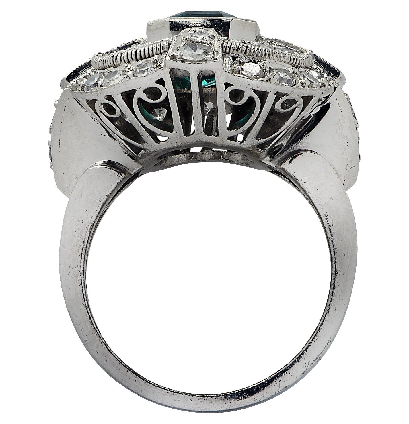 Emerald Cut Mid Century 1.5 Carat Emerald and Diamond Ring