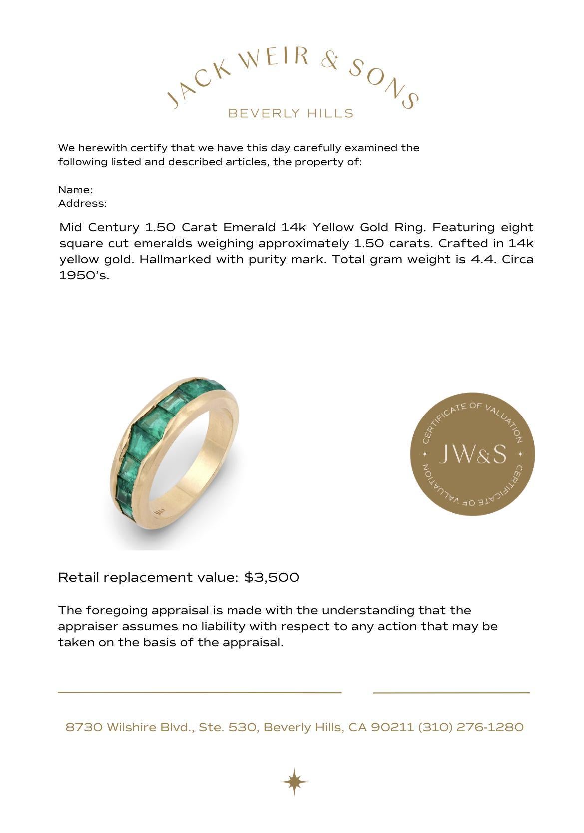 Anillo de oro amarillo de 14 quilates con esmeralda de 1,50 quilates de mediados de siglo en venta 1