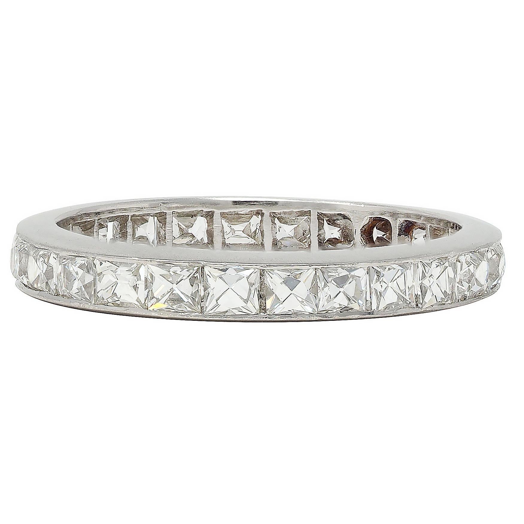 Women's or Men's Mid-Century 1.50 CTW French Cut Diamond Platinum Vintage Eternity Band Ring For Sale
