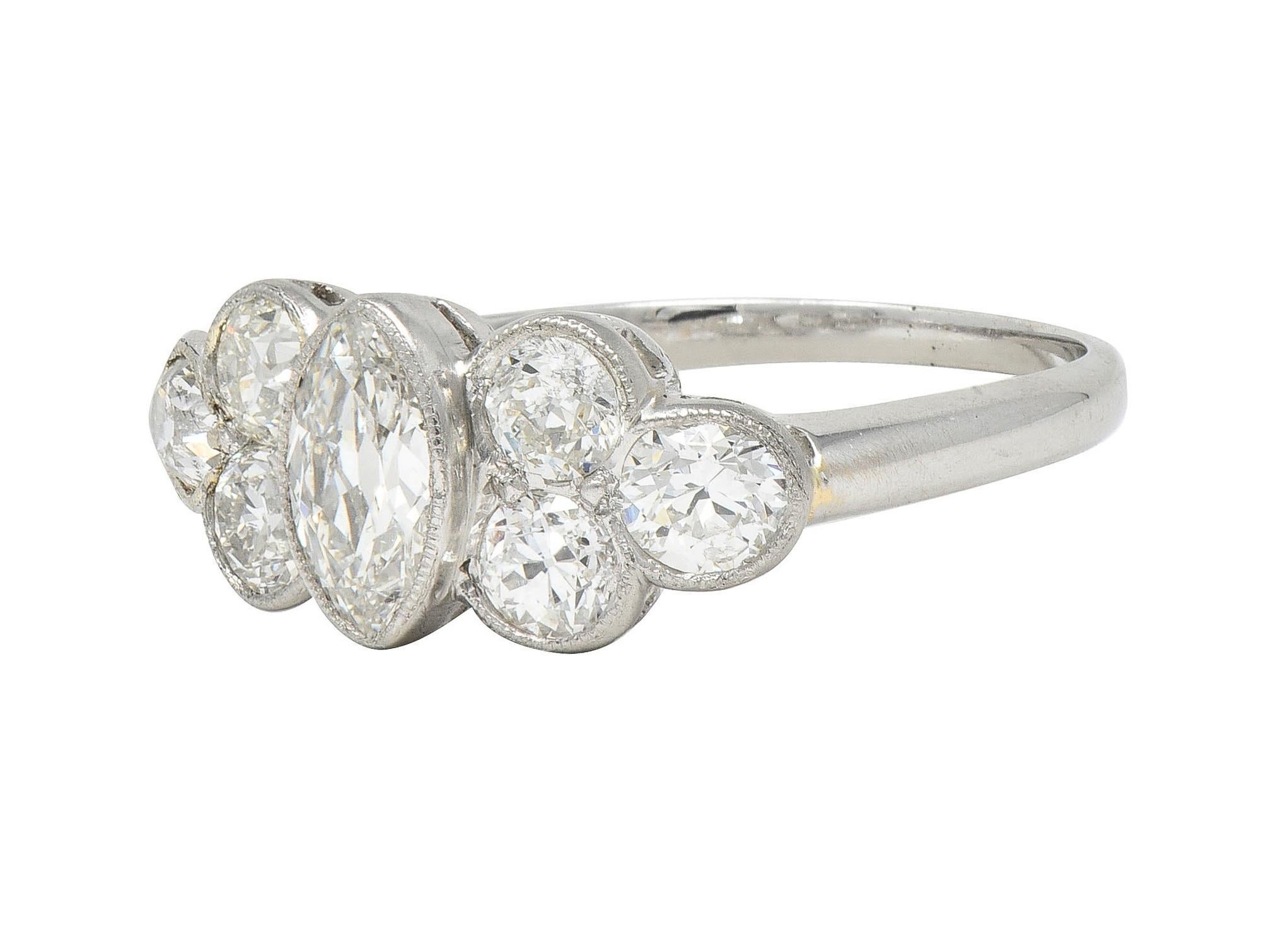 Mid-Century 1.50 CTW Marquise Diamond 14 Karat White Gold Vintage Cluster Ring For Sale 2