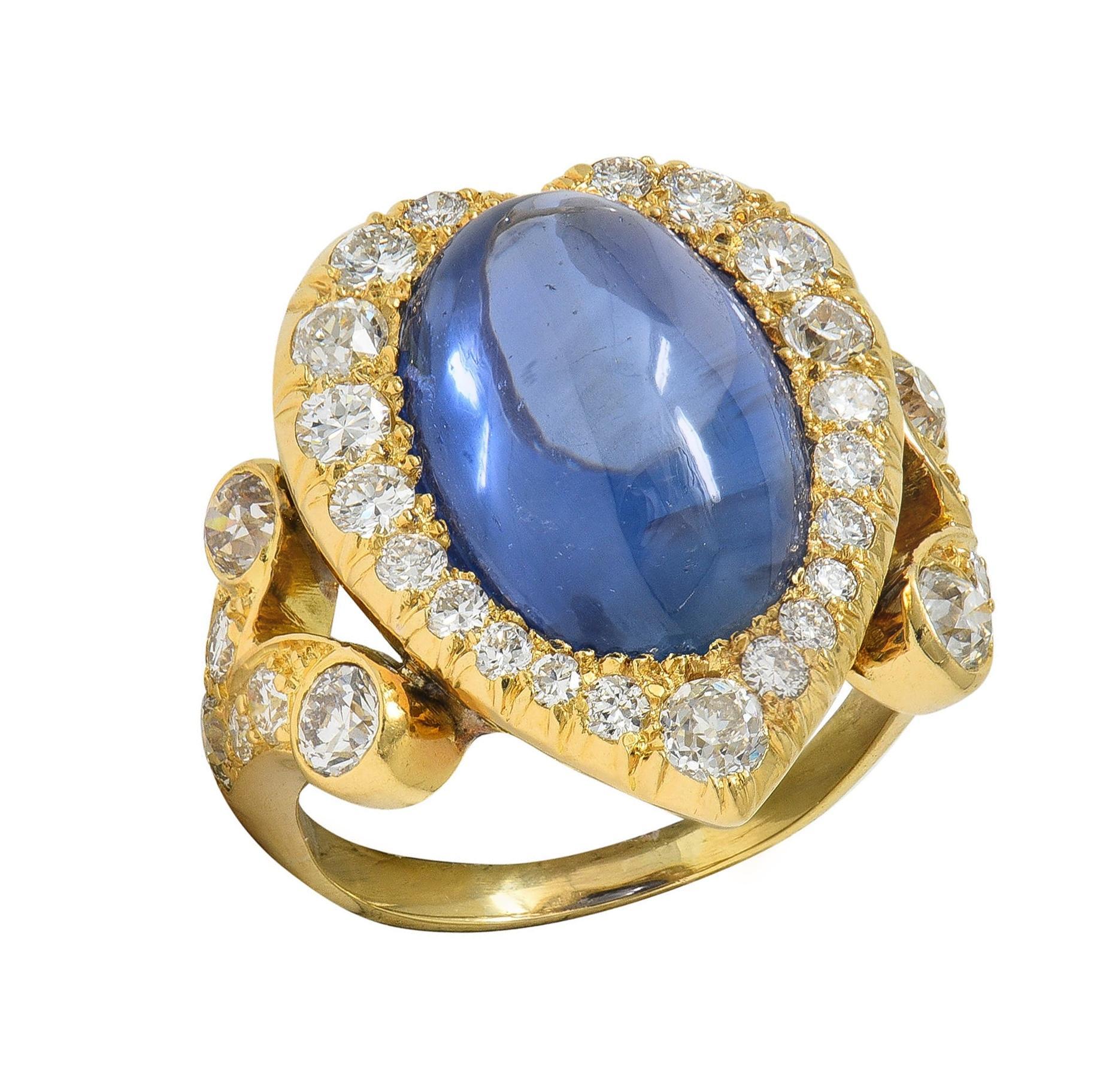 Bague en or 14 carats avec saphir de Ceylan 15,35 carats et diamants, certifiée GIA, du milieu du siècle dernier en vente 5