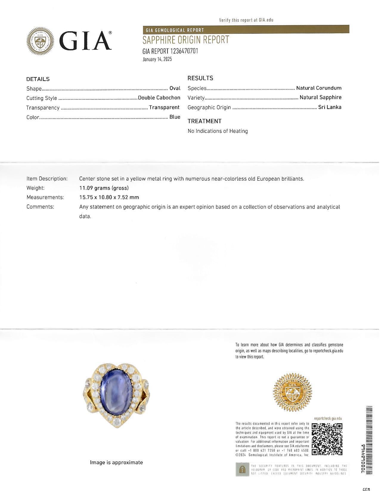 Bague en or 14 carats avec saphir de Ceylan 15,35 carats et diamants, certifiée GIA, du milieu du siècle dernier en vente 8