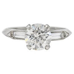 Retro Mid-Century 1.58 Carats Diamond Platinum Engagement Ring GIA