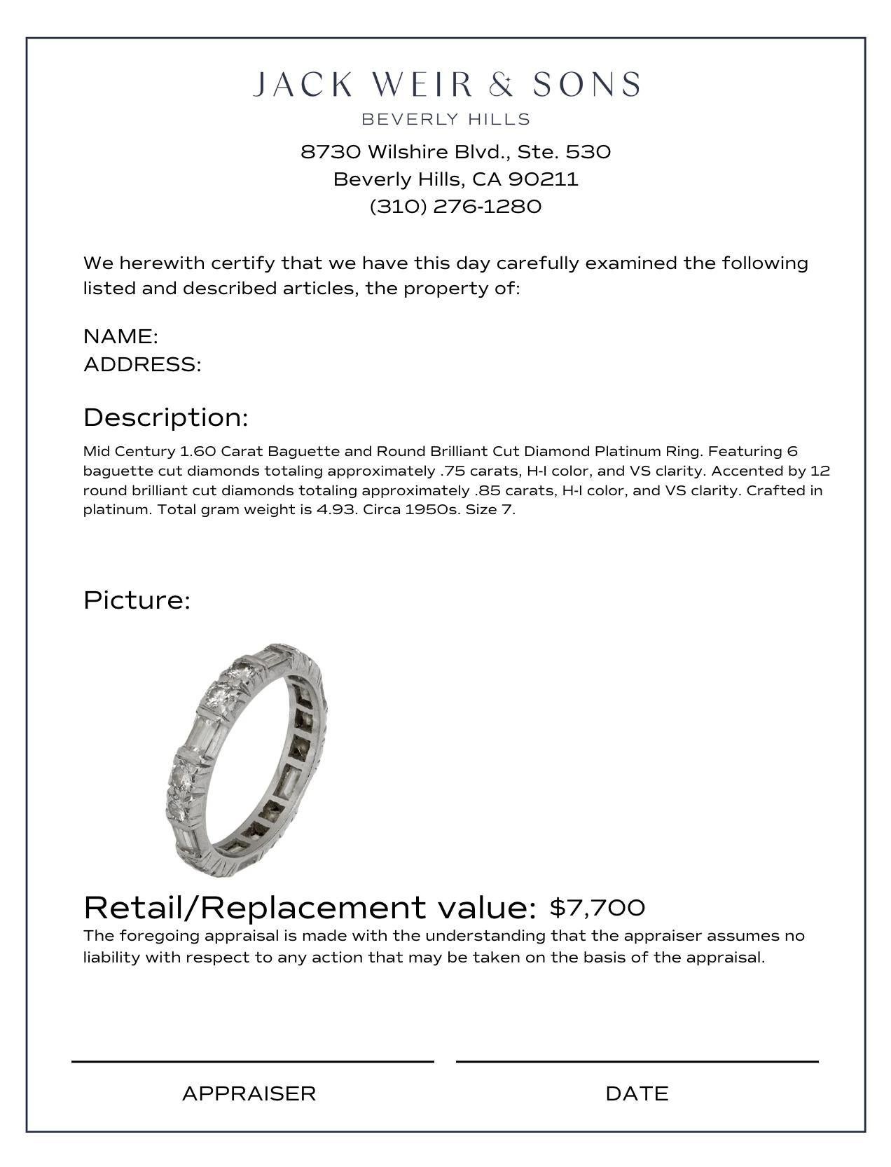 Modern Mid Century 1.60 carat baguette and round brilliant cut diamond platinum ring